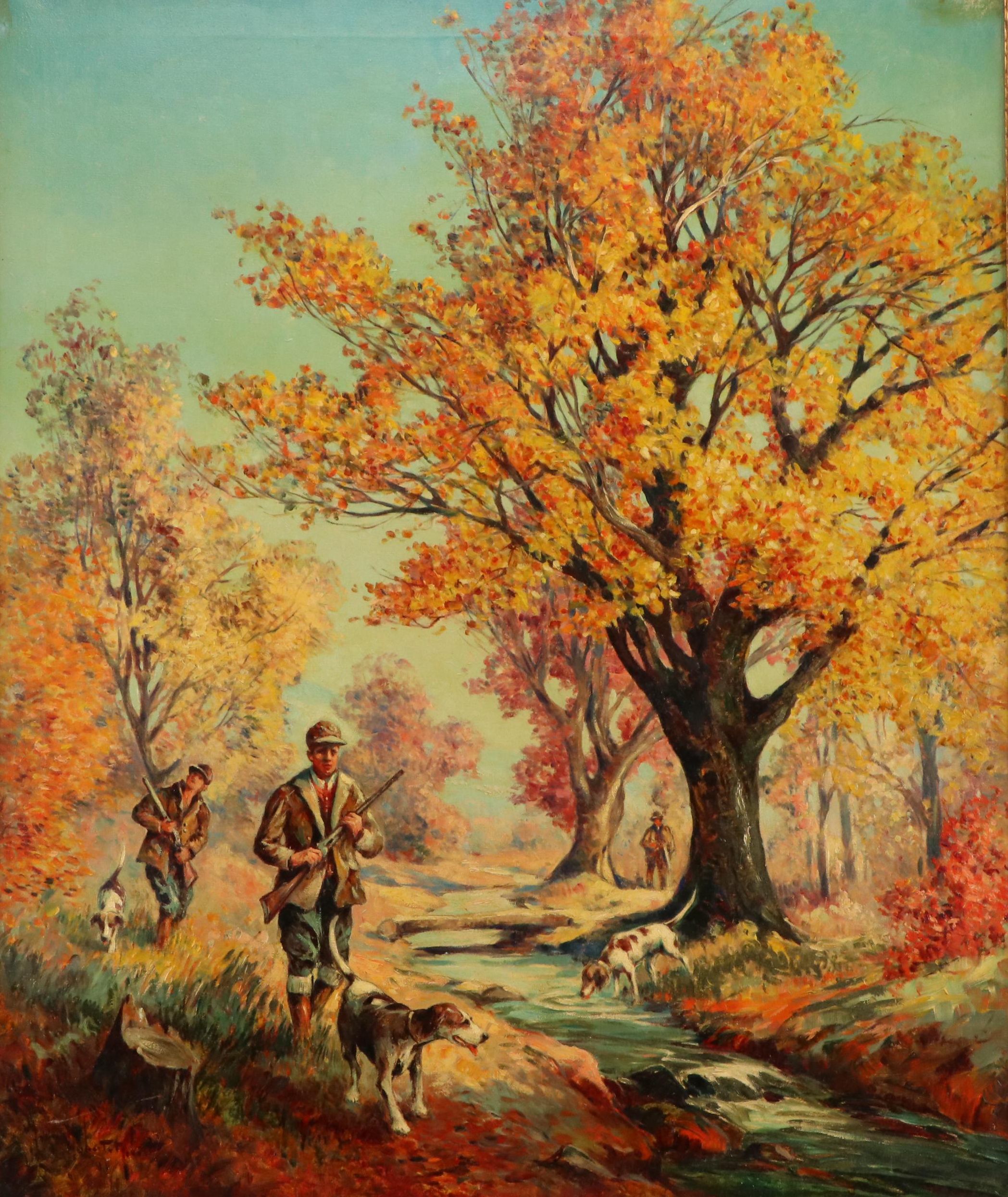 Marius Hubert-Robert Autumn Hunting Scene Oil Painting, Circa 1940