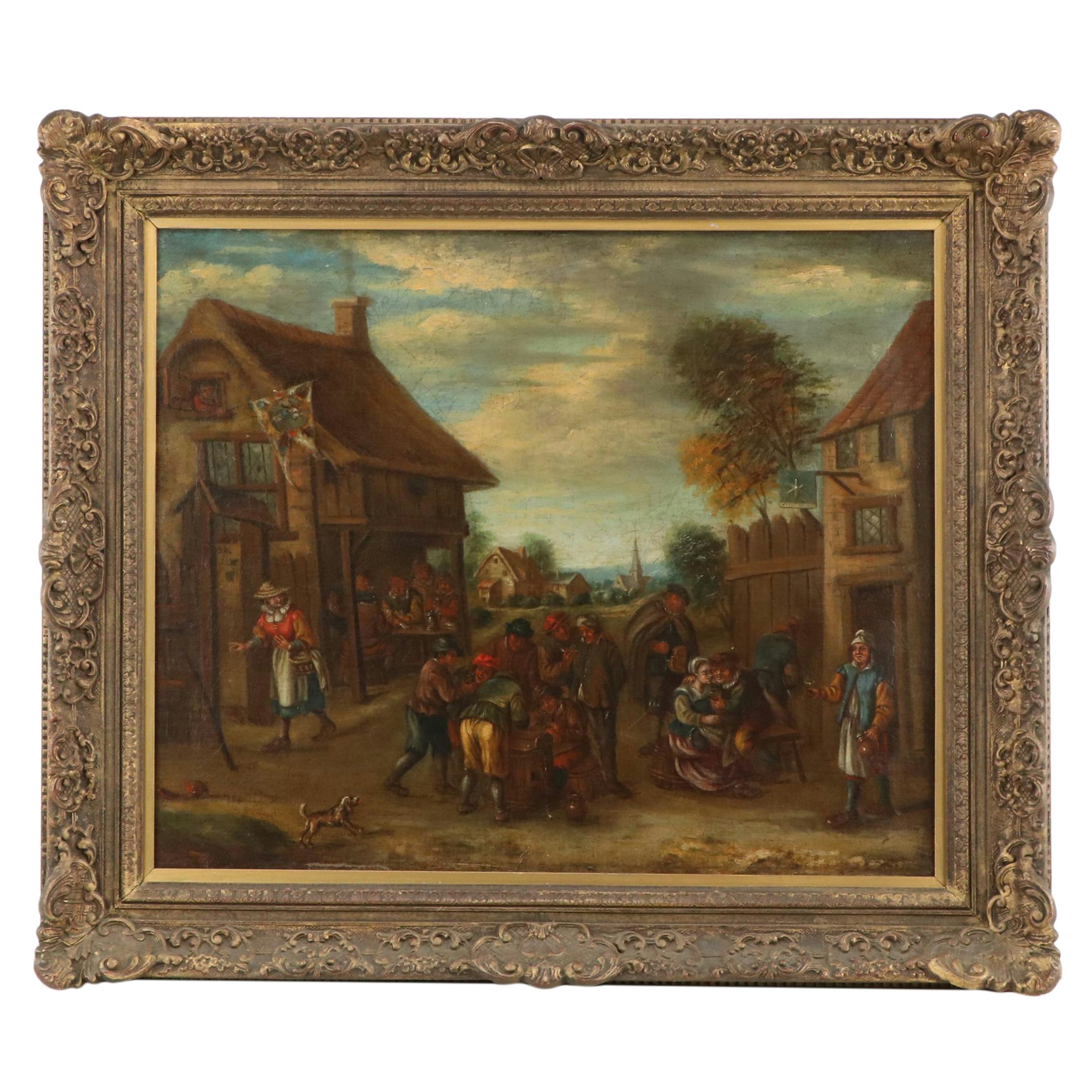 German Genre Village Scene Oil Painting, 1913