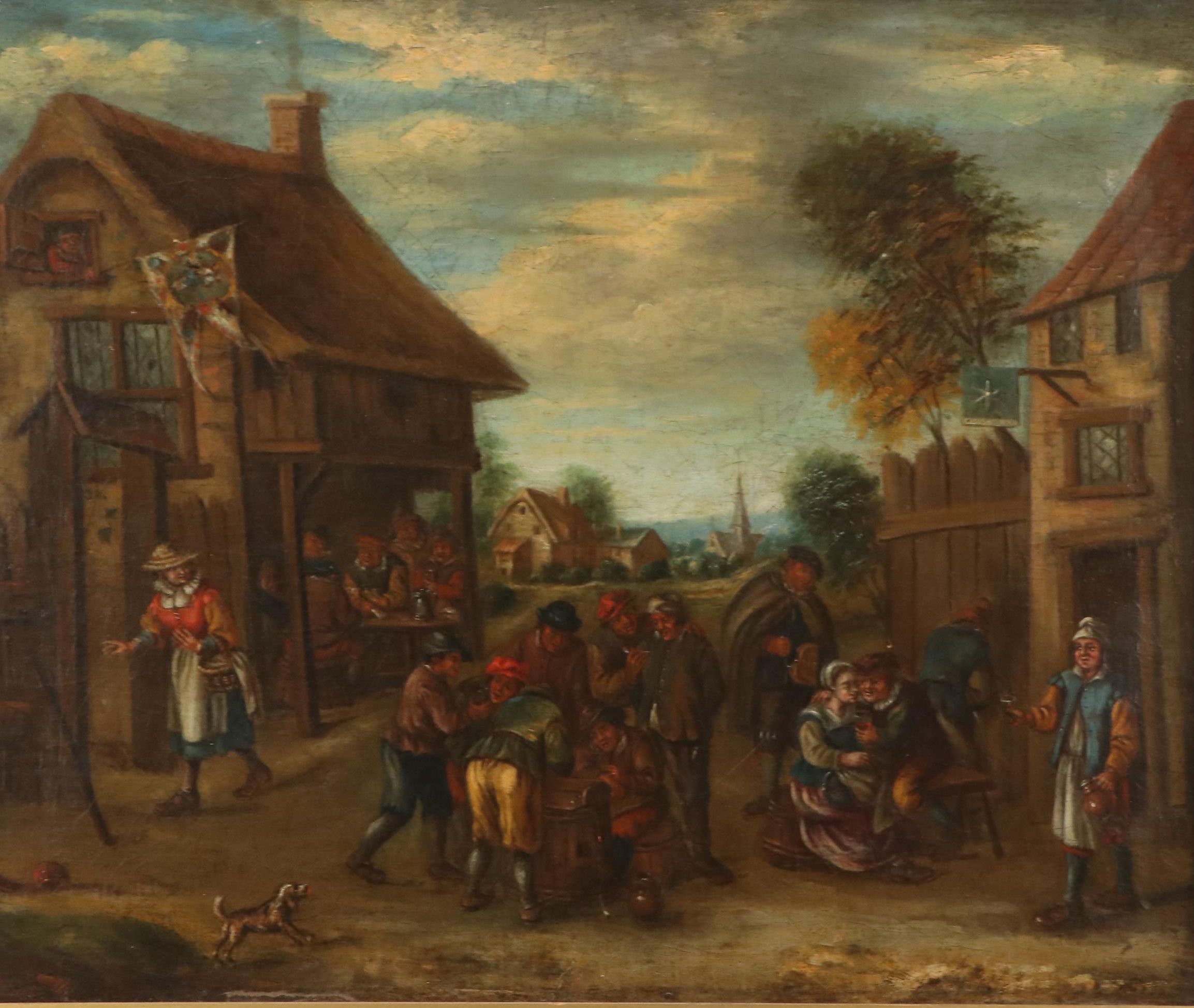 German Genre Village Scene Oil Painting, 1913