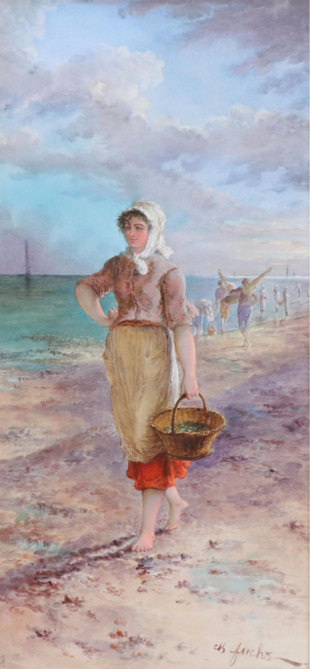 Charles Fuchs Hand-Painted Porcelain Scene of Woman Gathering Mussels