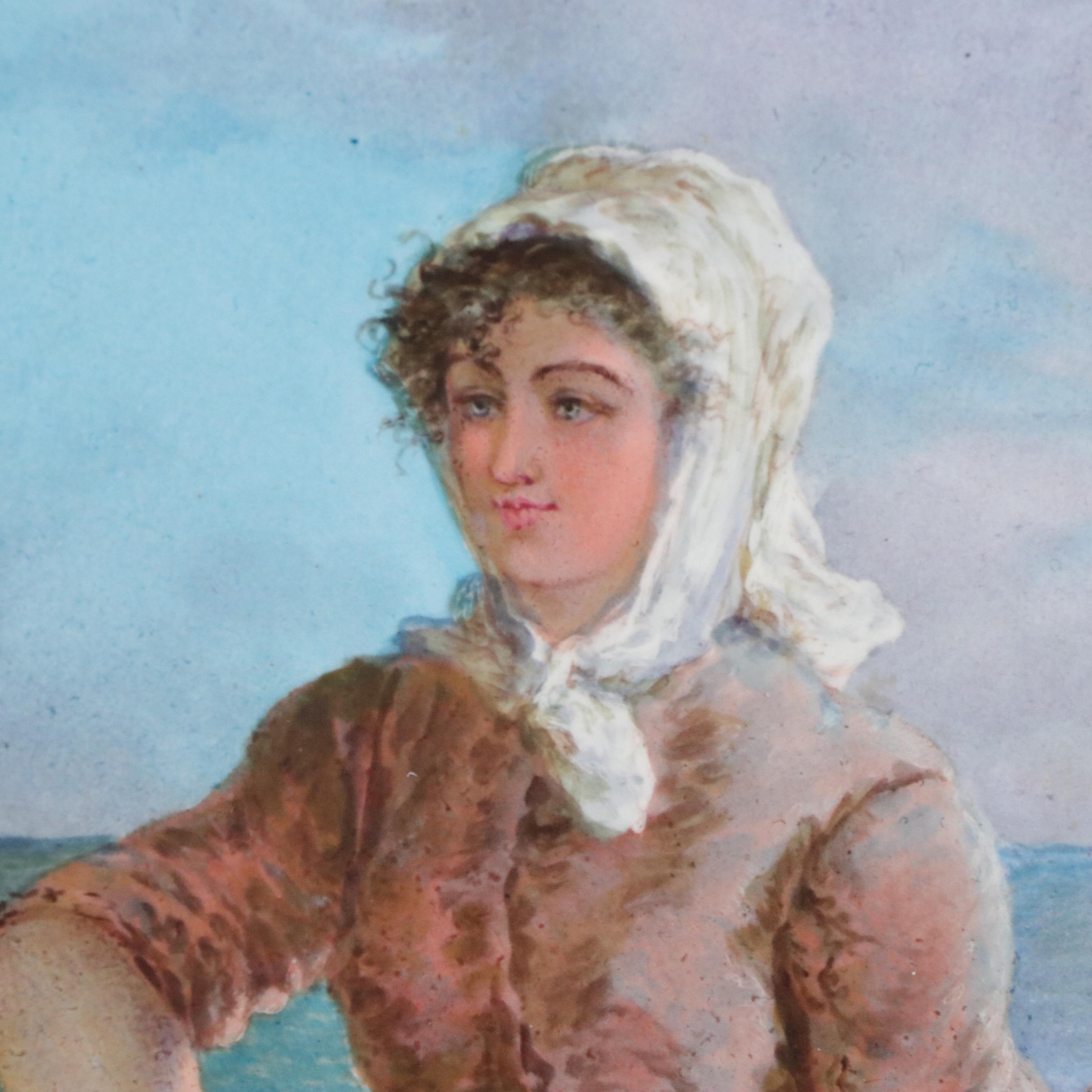 Charles Fuchs Hand-Painted Porcelain Scene of Woman Gathering Mussels