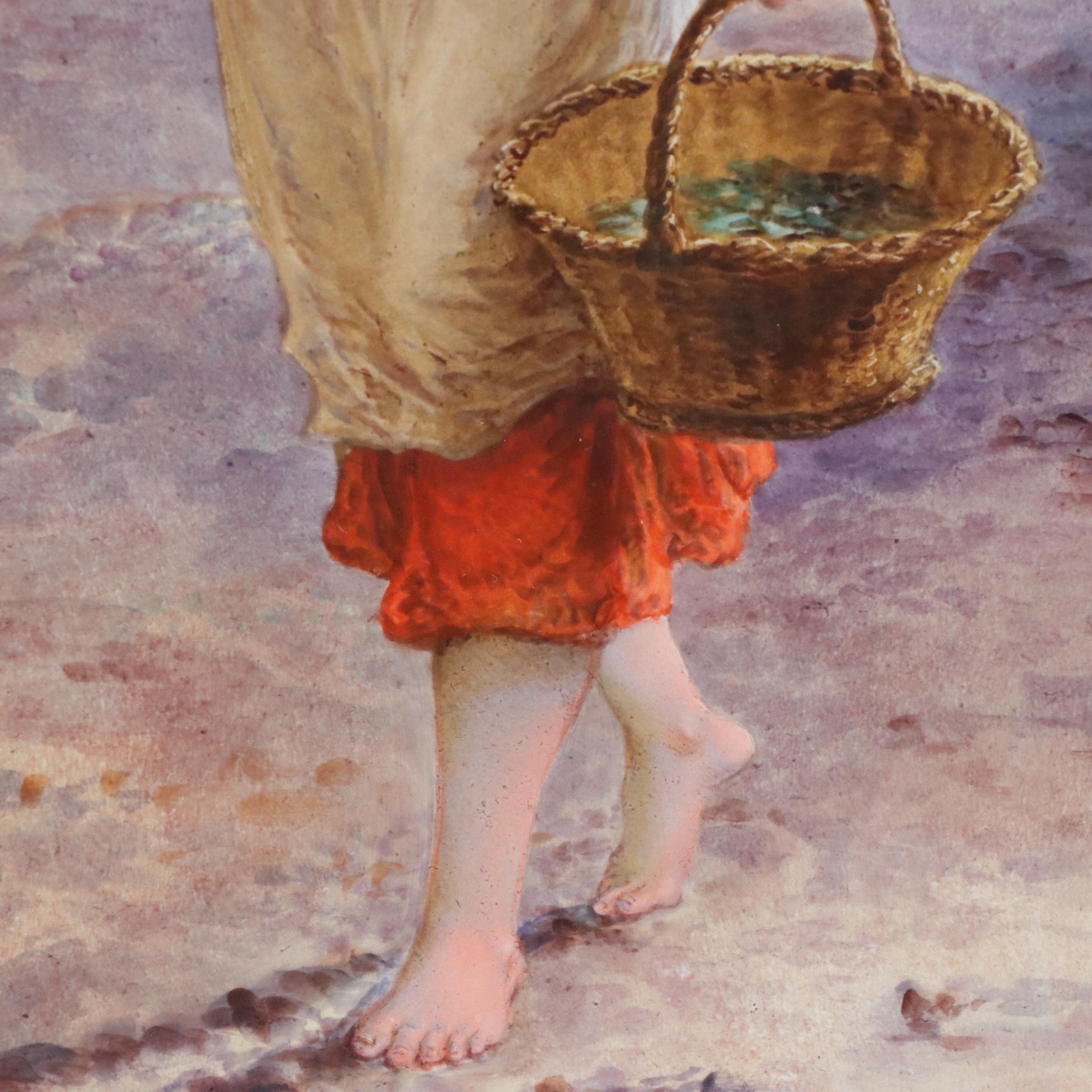 Charles Fuchs Hand-Painted Porcelain Scene of Woman Gathering Mussels