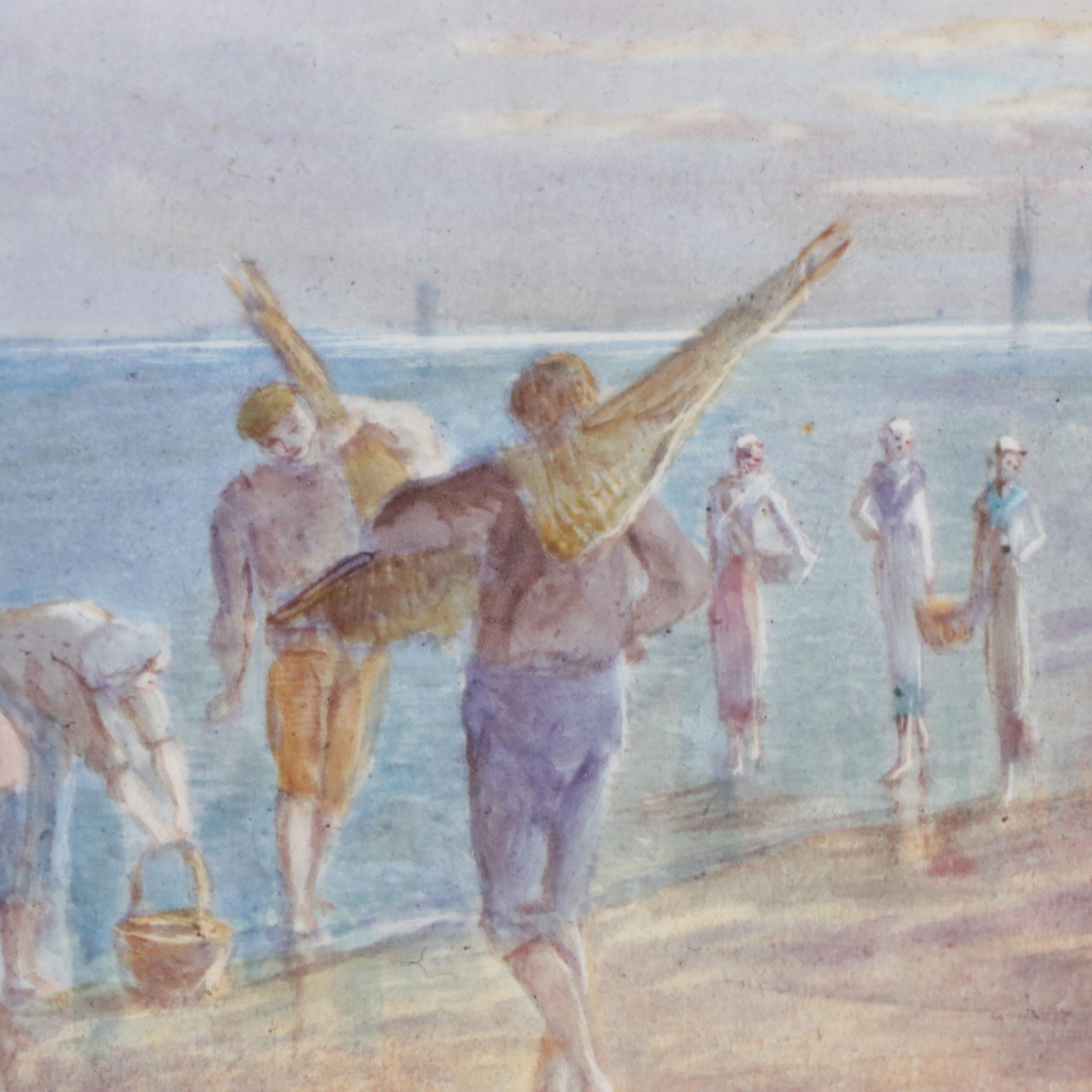 Charles Fuchs Hand-Painted Porcelain Scene of Woman Gathering Mussels