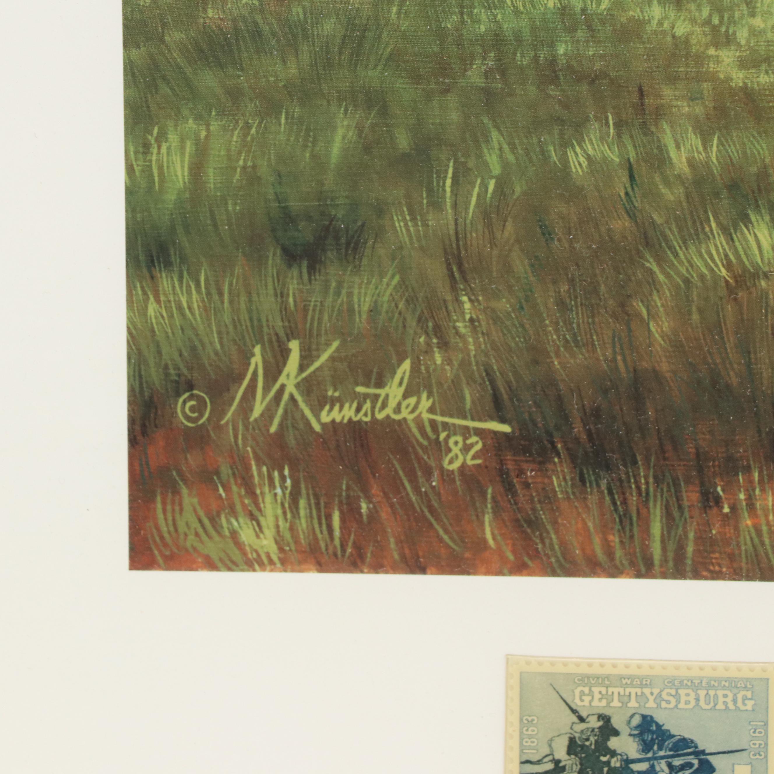 Sixteen Stamps and Offset Lithograph After Morton Künstler "Sheridan's Men"