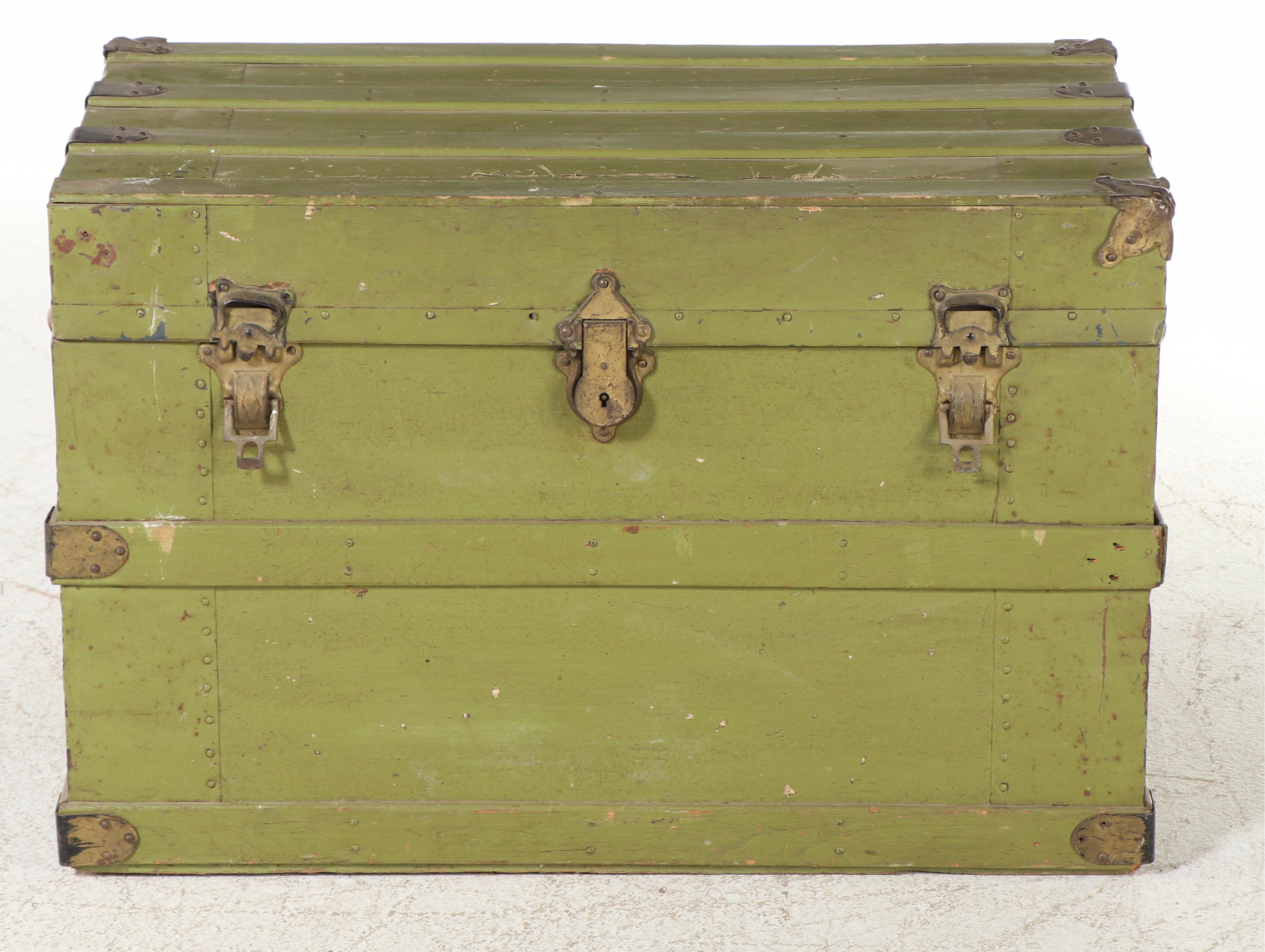 Late Victorian Green-Painted, Metal-Bound, & Canvas-Lined Flat Top Steamer Trunk
