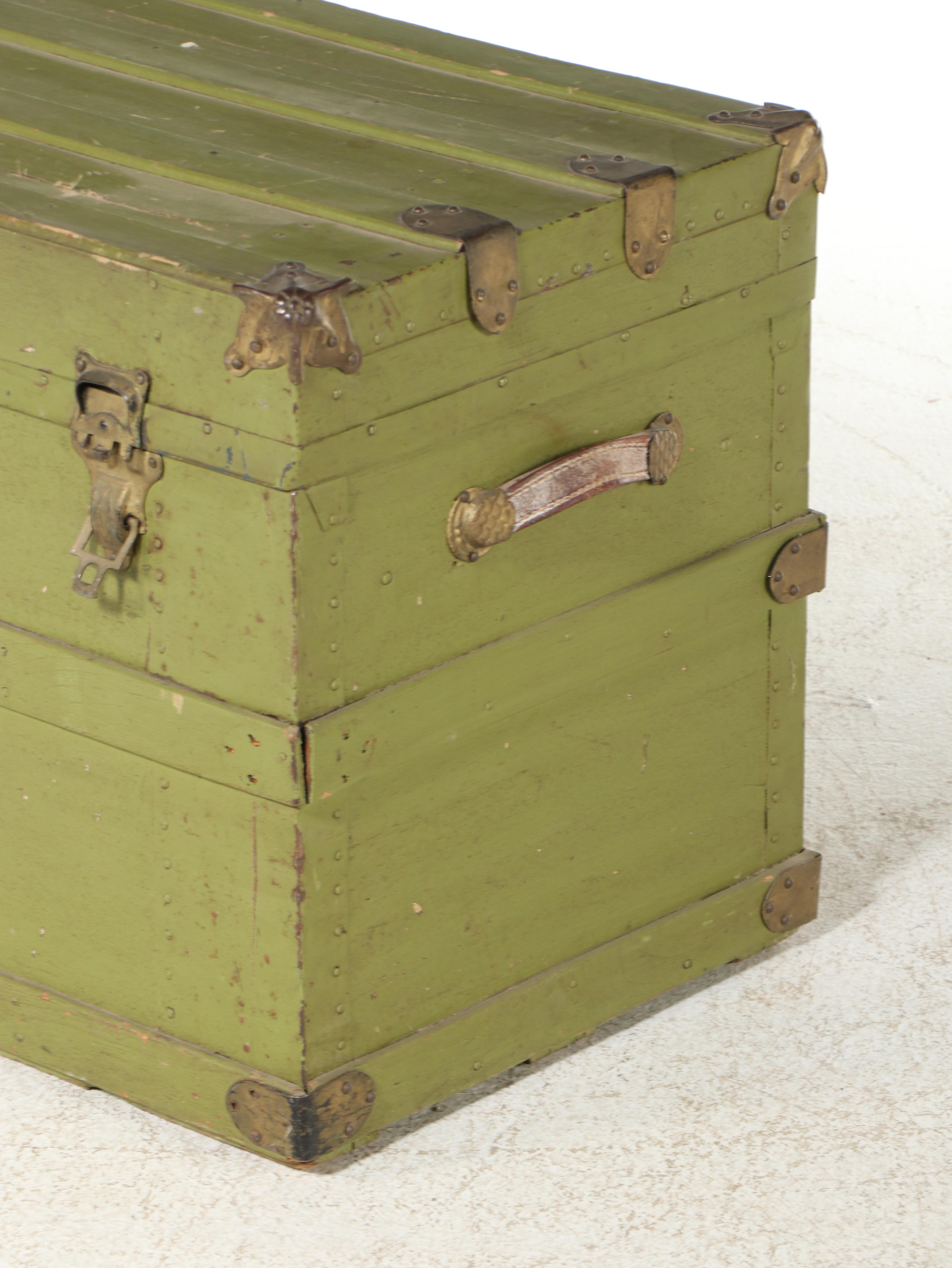Late Victorian Green-Painted, Metal-Bound, & Canvas-Lined Flat Top Steamer Trunk