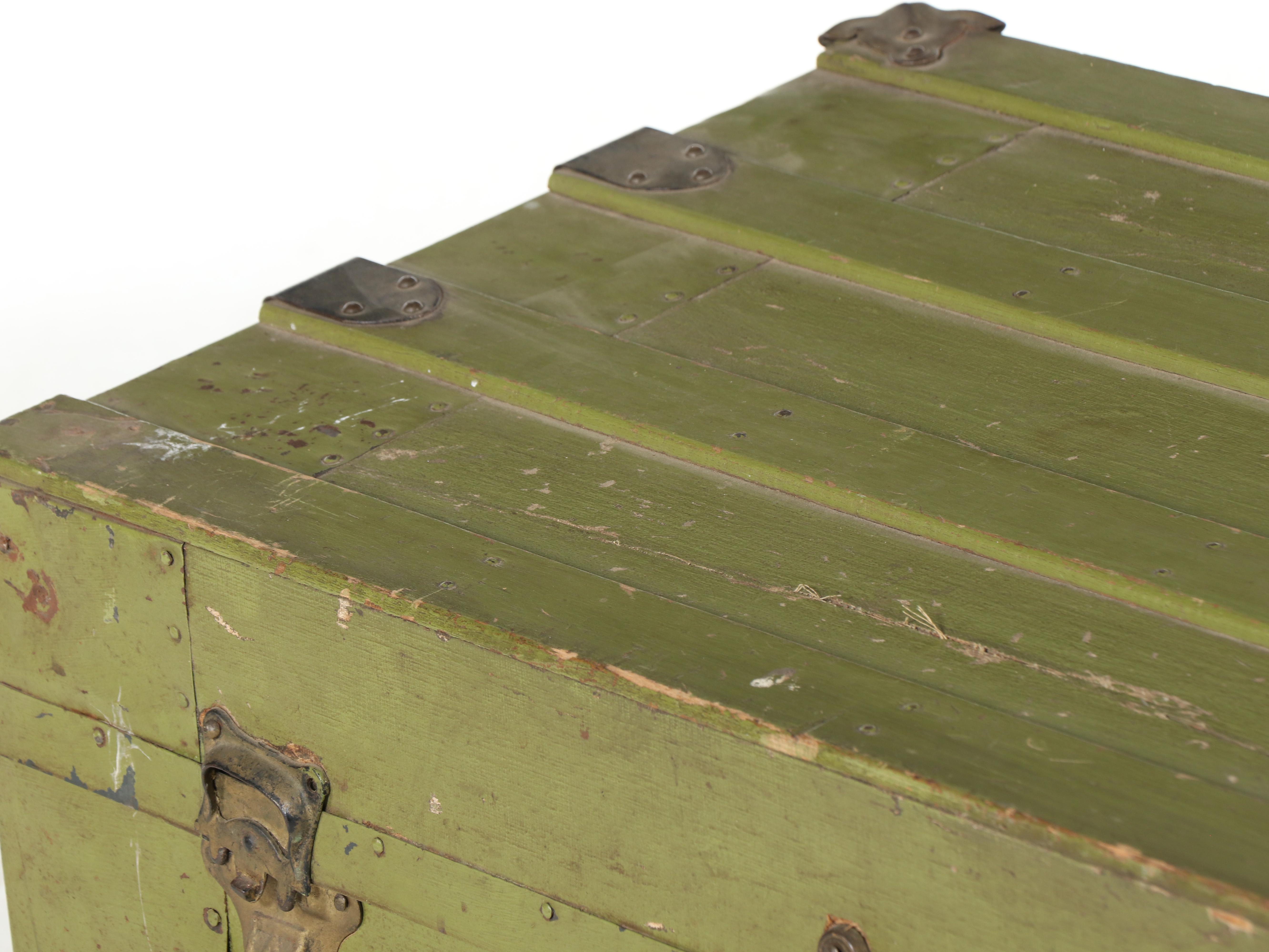 Late Victorian Green-Painted, Metal-Bound, & Canvas-Lined Flat Top Steamer Trunk