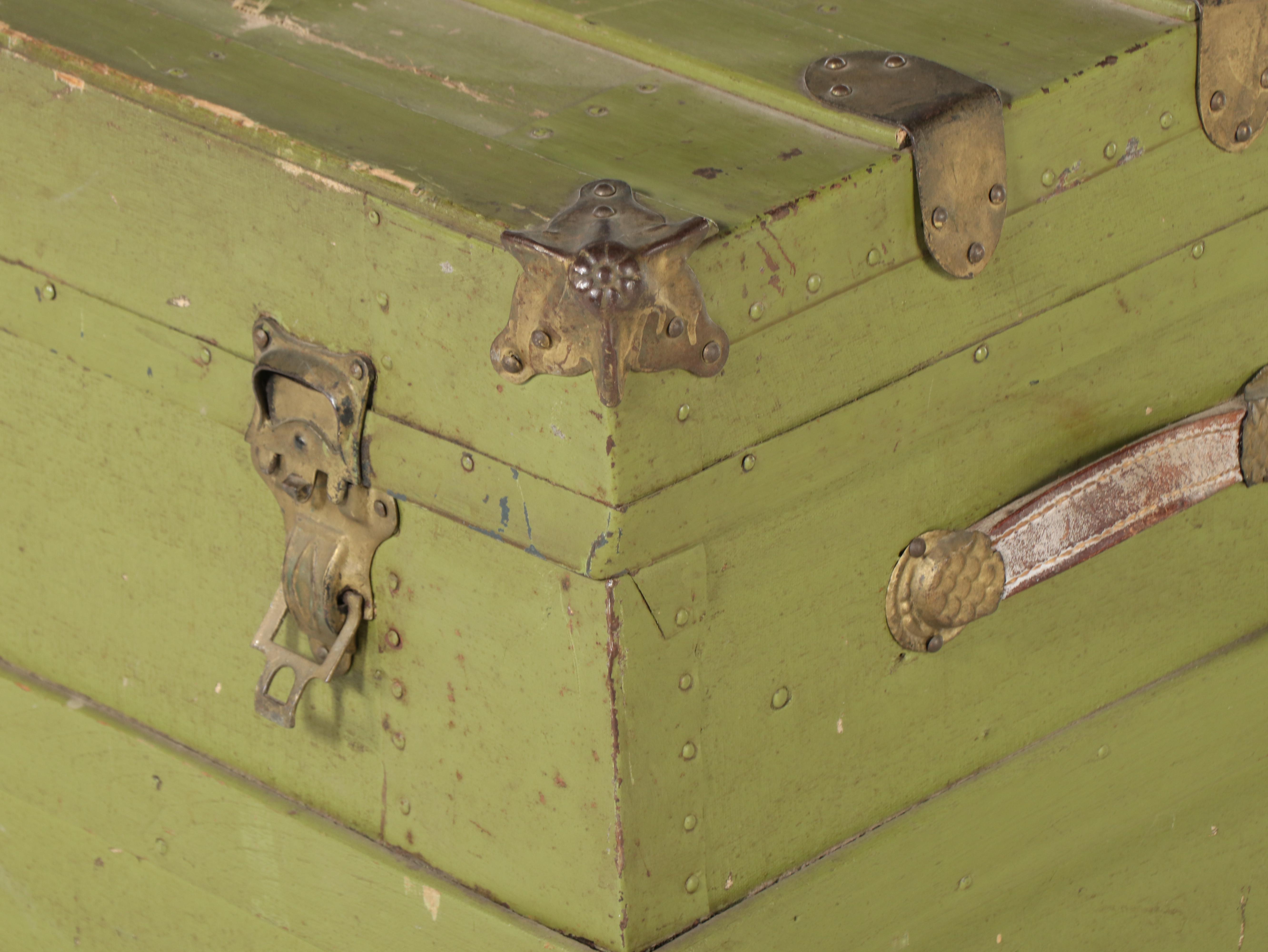 Late Victorian Green-Painted, Metal-Bound, & Canvas-Lined Flat Top Steamer Trunk