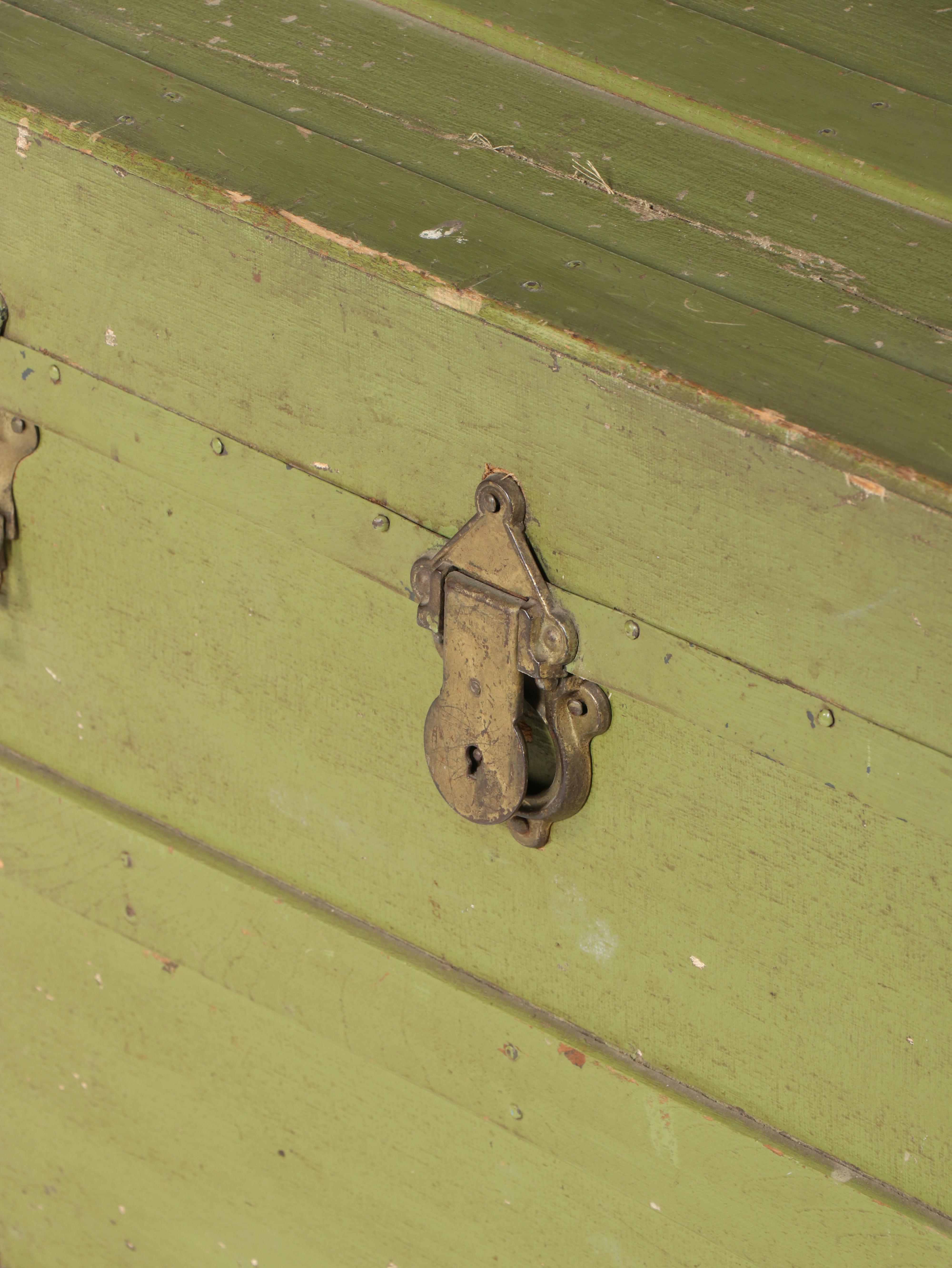 Late Victorian Green-Painted, Metal-Bound, & Canvas-Lined Flat Top Steamer Trunk