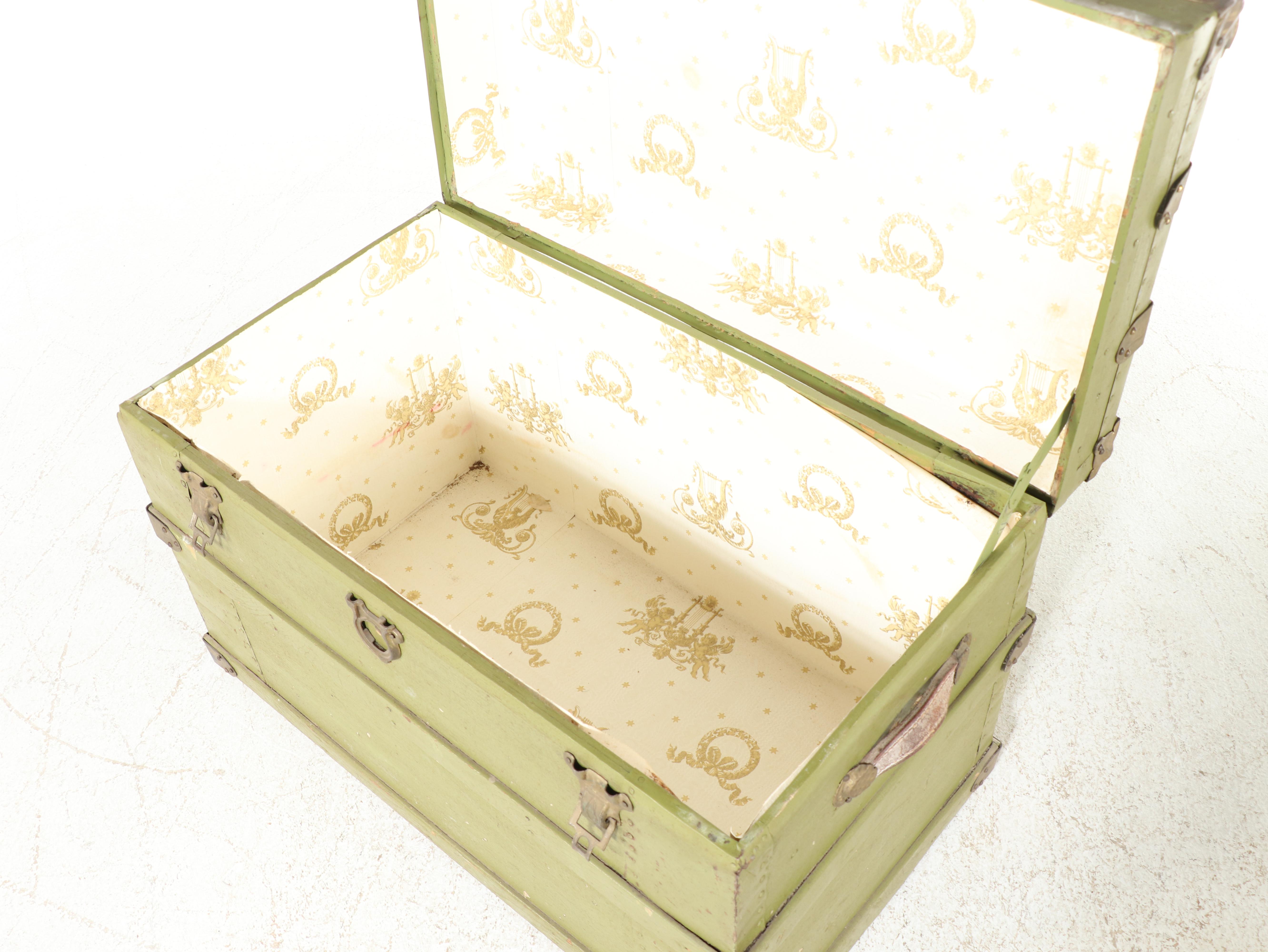 Late Victorian Green-Painted, Metal-Bound, & Canvas-Lined Flat Top Steamer Trunk