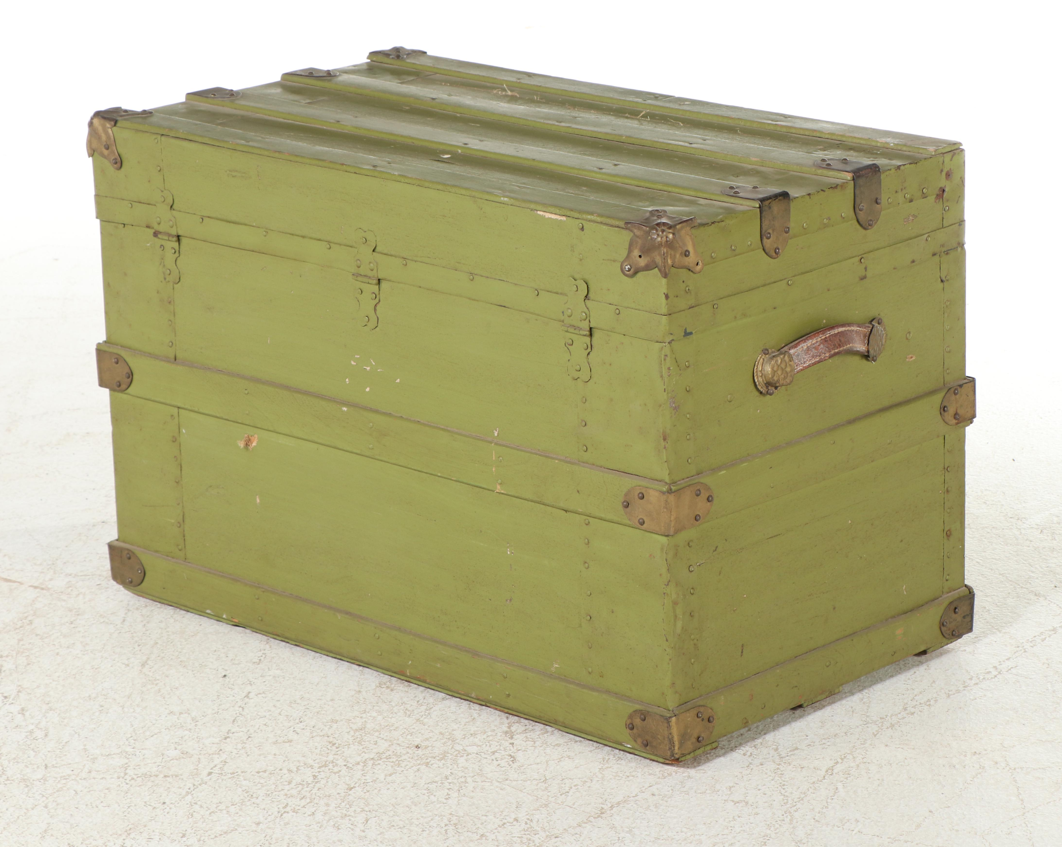 Late Victorian Green-Painted, Metal-Bound, & Canvas-Lined Flat Top Steamer Trunk