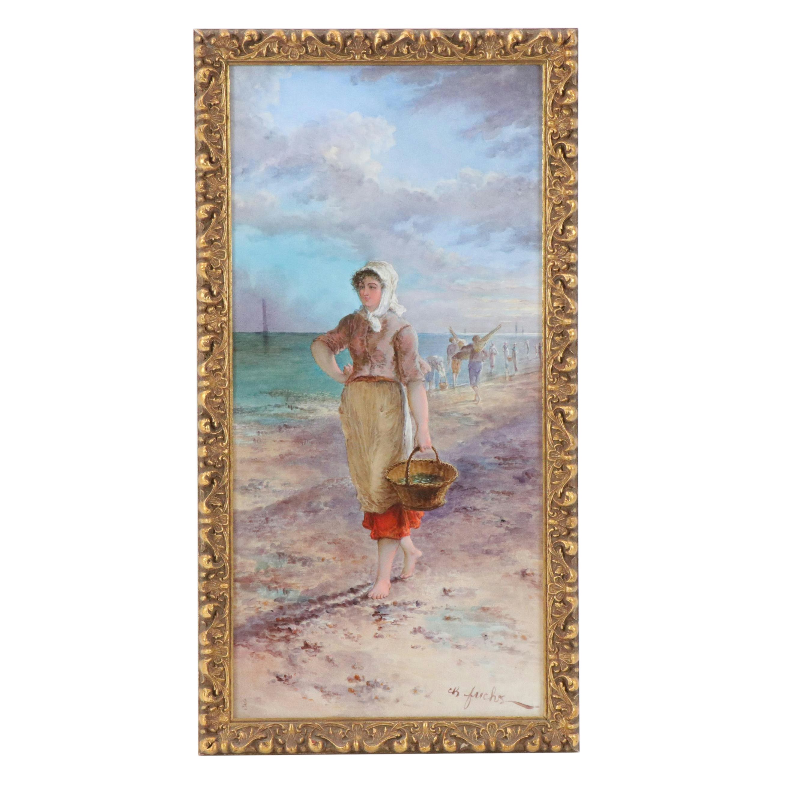 Charles Fuchs Hand-Painted Porcelain Scene of Woman Gathering Mussels