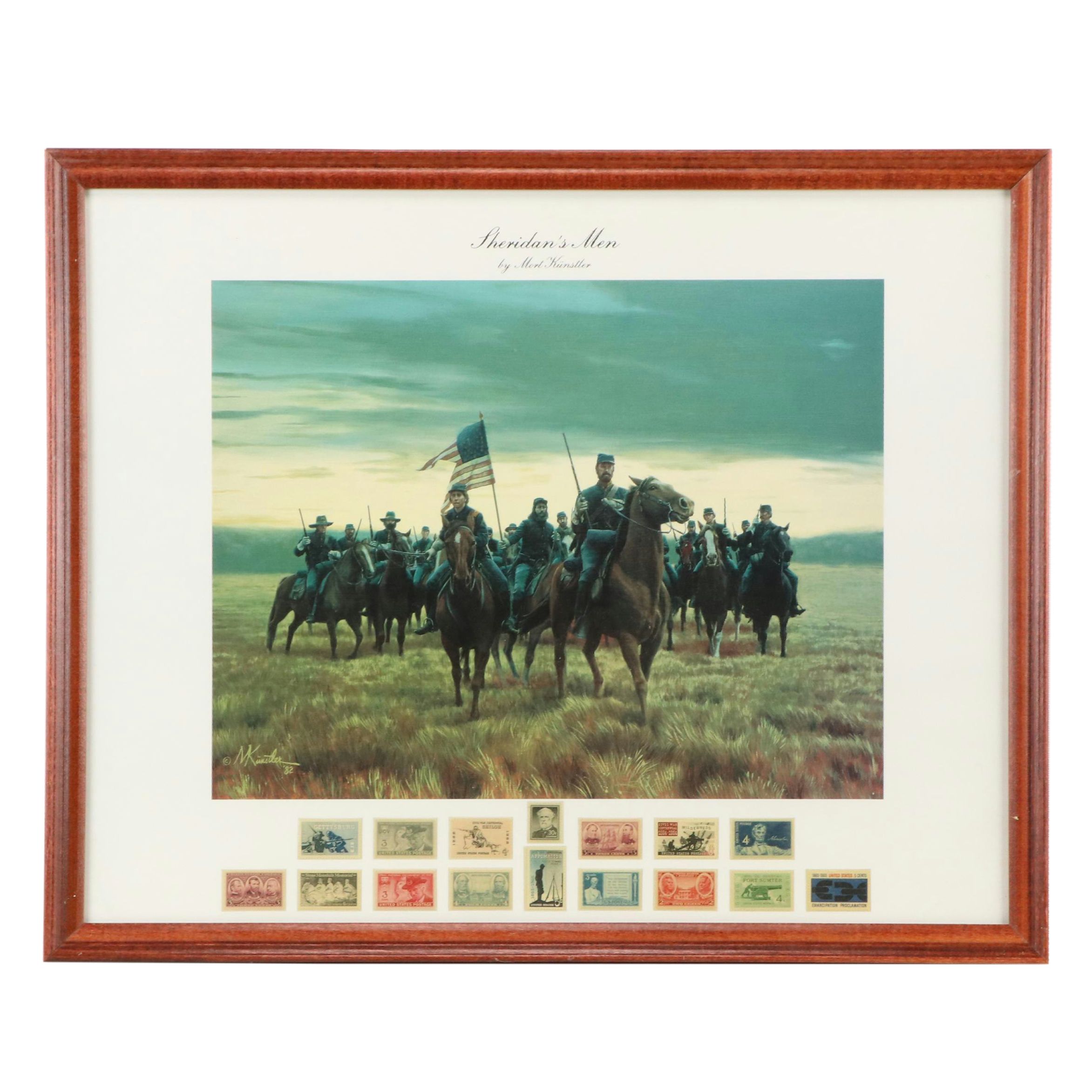 Sixteen Stamps and Offset Lithograph After Morton Künstler "Sheridan's Men"