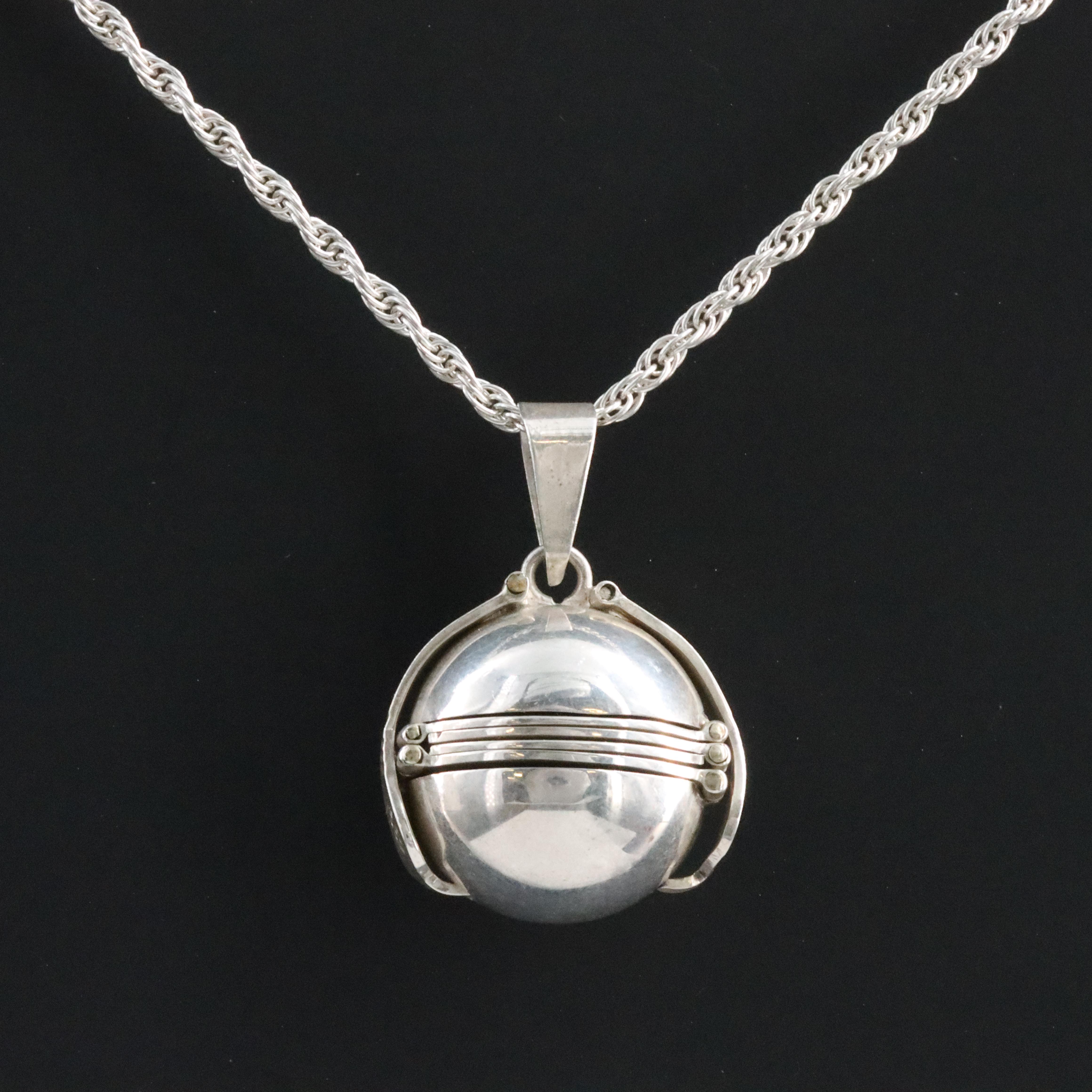 Mexican Sterling Photo Ball Locket Pendant Necklace