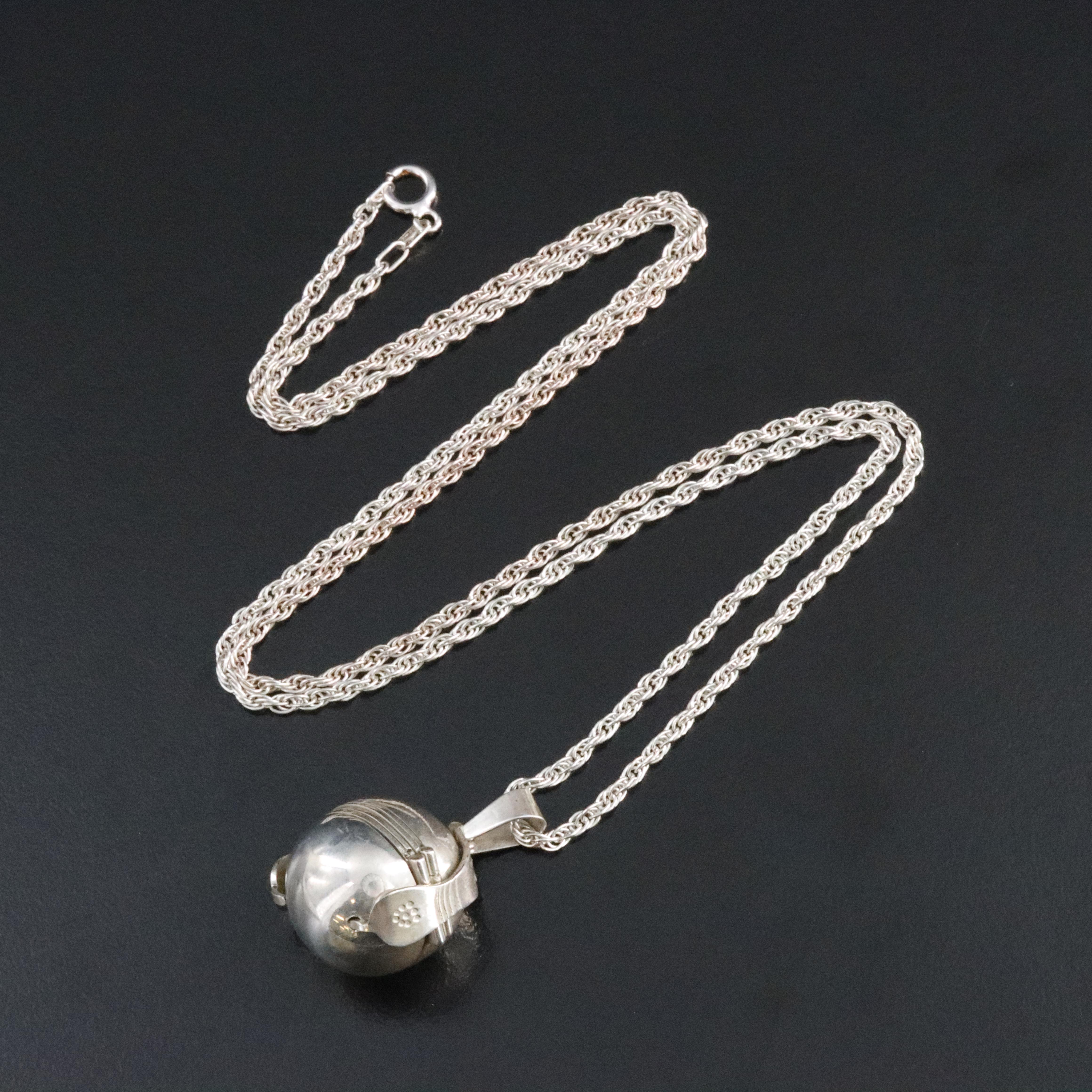 Mexican Sterling Photo Ball Locket Pendant Necklace