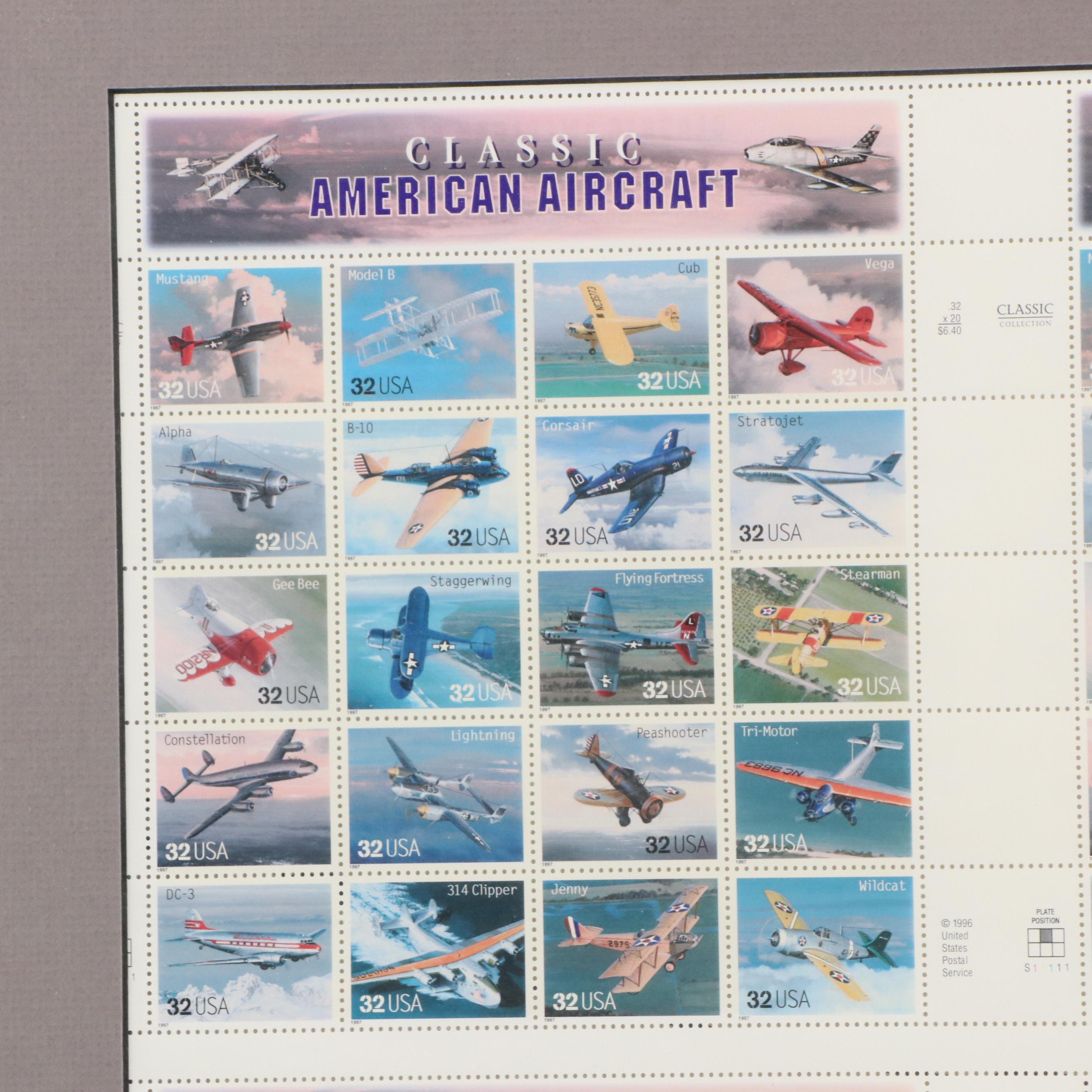 1996 Full Plate of Mint Stamps "Classic American Aircraft"