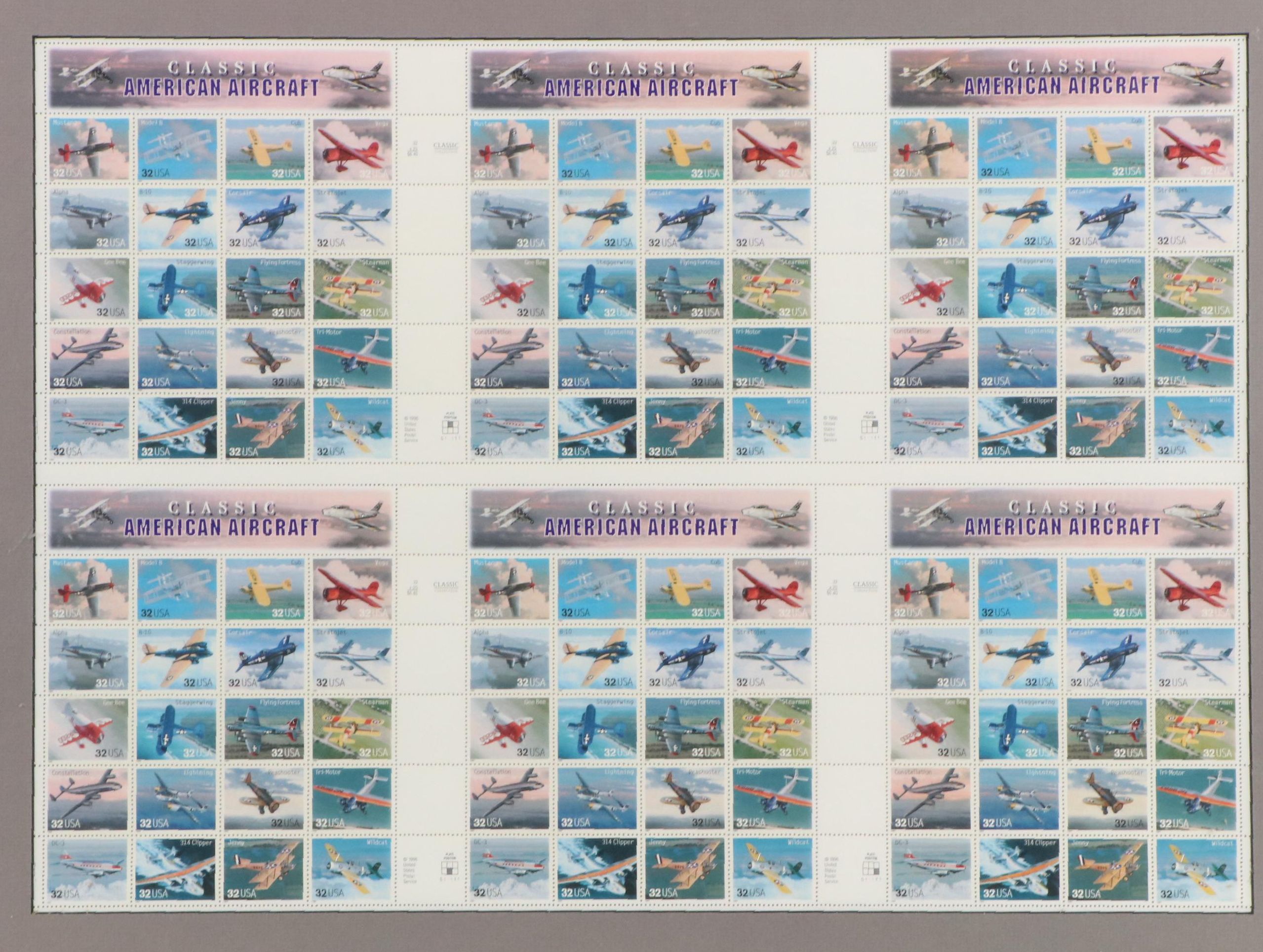 1996 Full Plate of Mint Stamps "Classic American Aircraft"