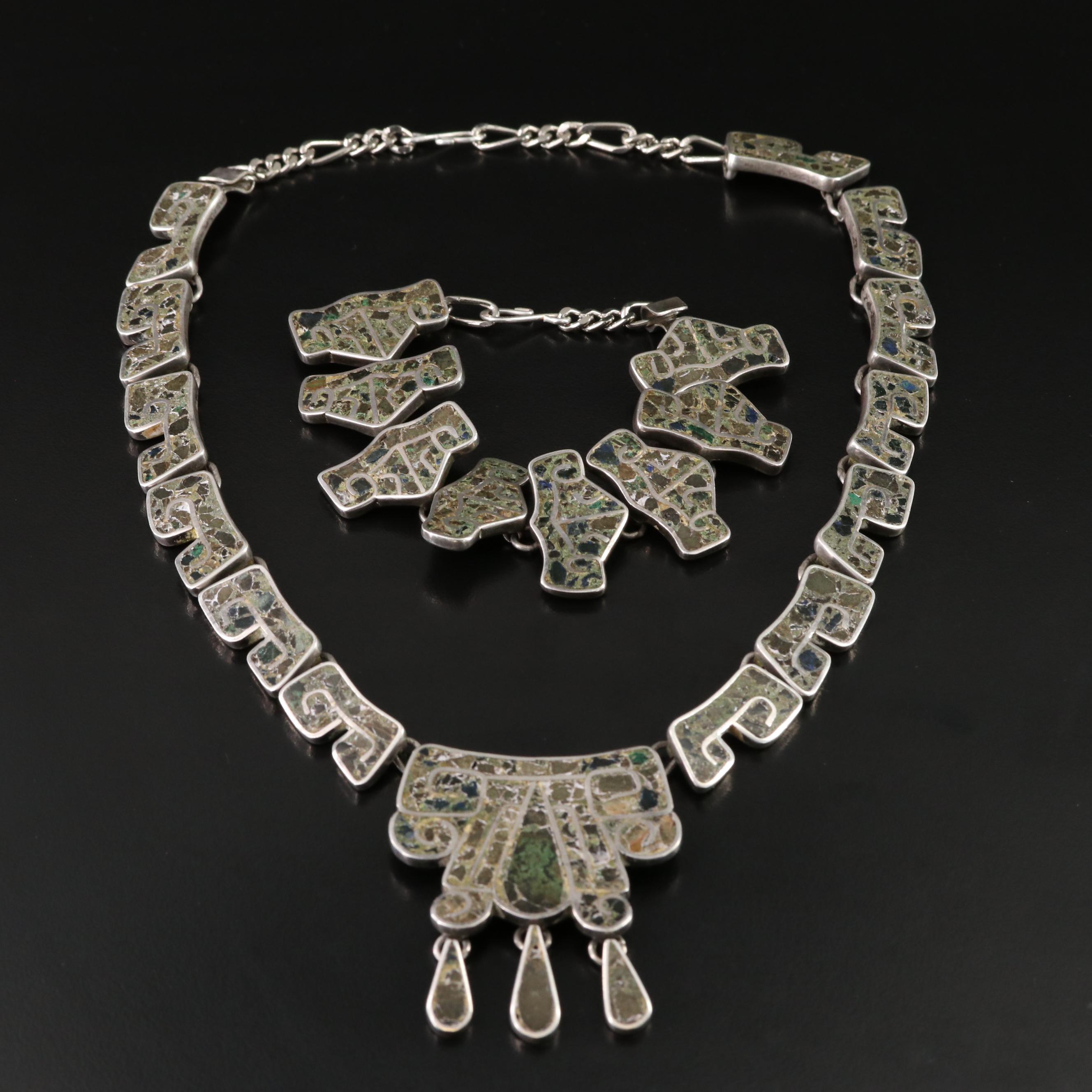 Mexican Modernist Sterling Stone Inlay Necklace and Bracelet Set