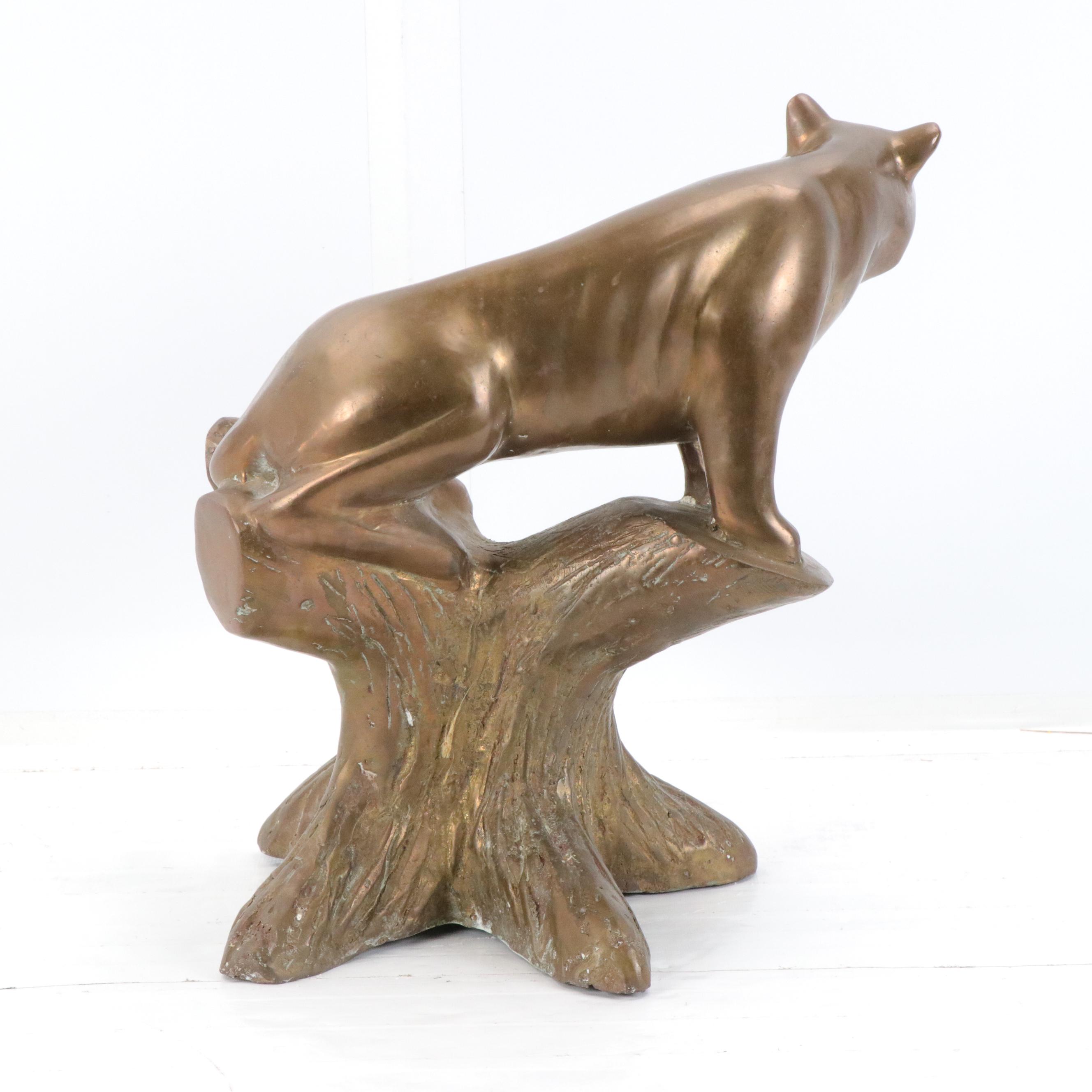 Brass Big Cat Statuette, Late 20th Century