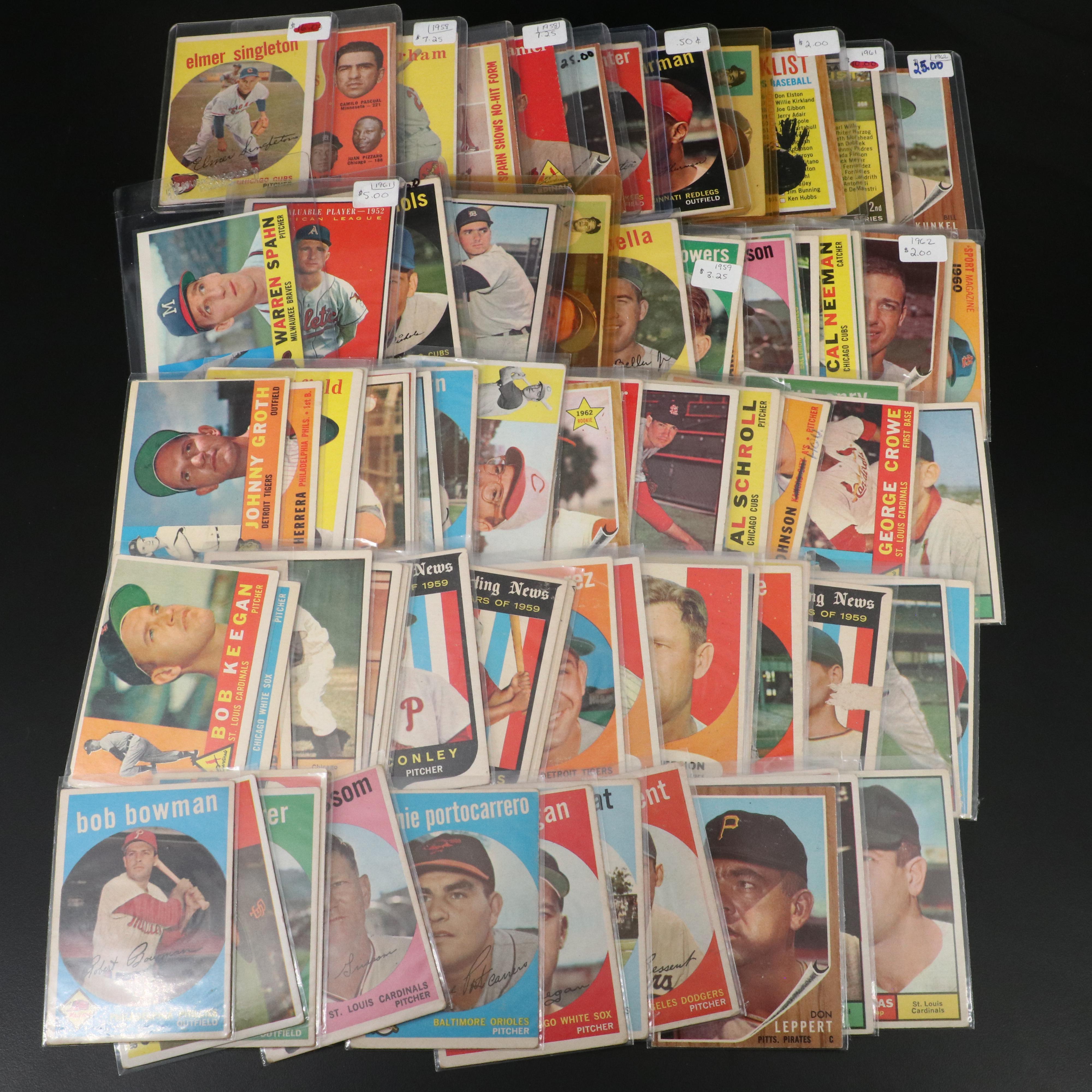 Topps Baseball Cards Featuring Early Wynn, Warren Spahn, and More, 1950s-1960s
