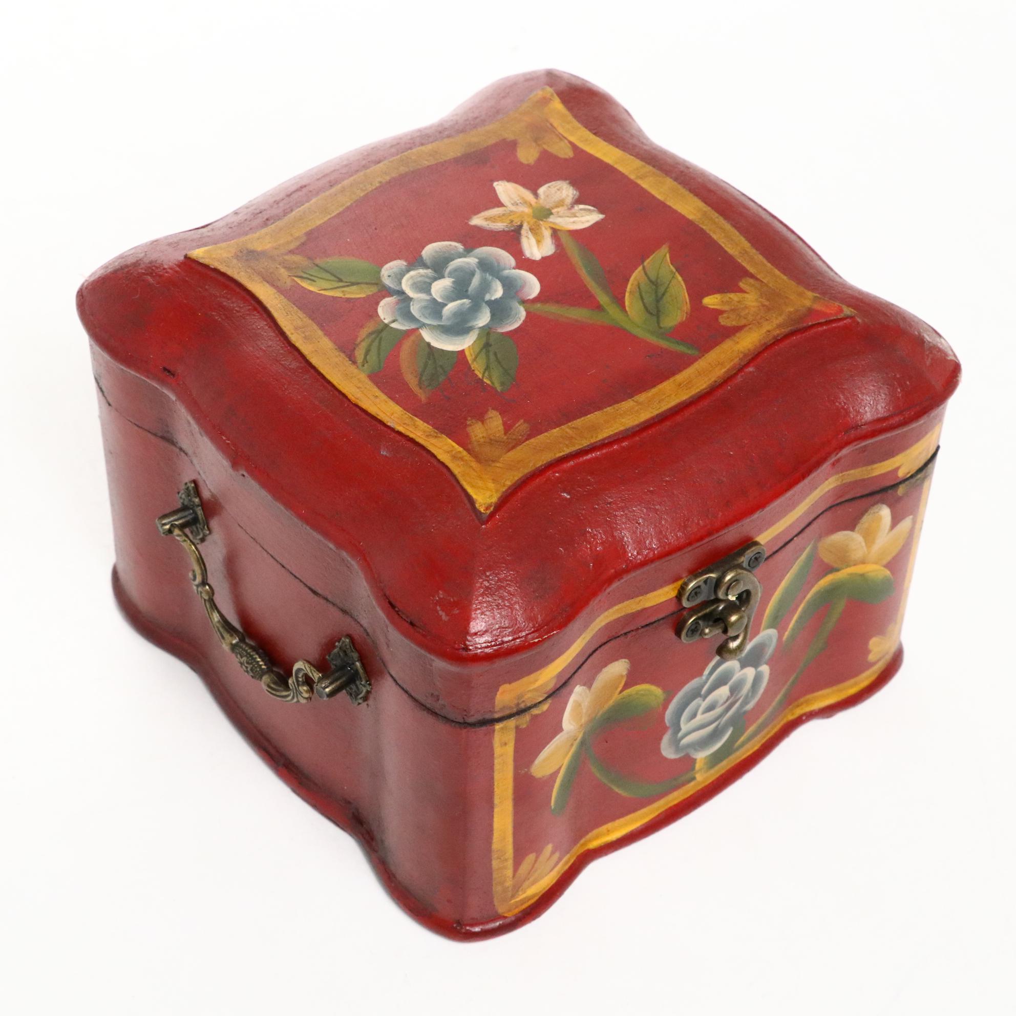Hand-Painted Hinged Wooden Box with Wood and Ceramic Duck Decoy Figures