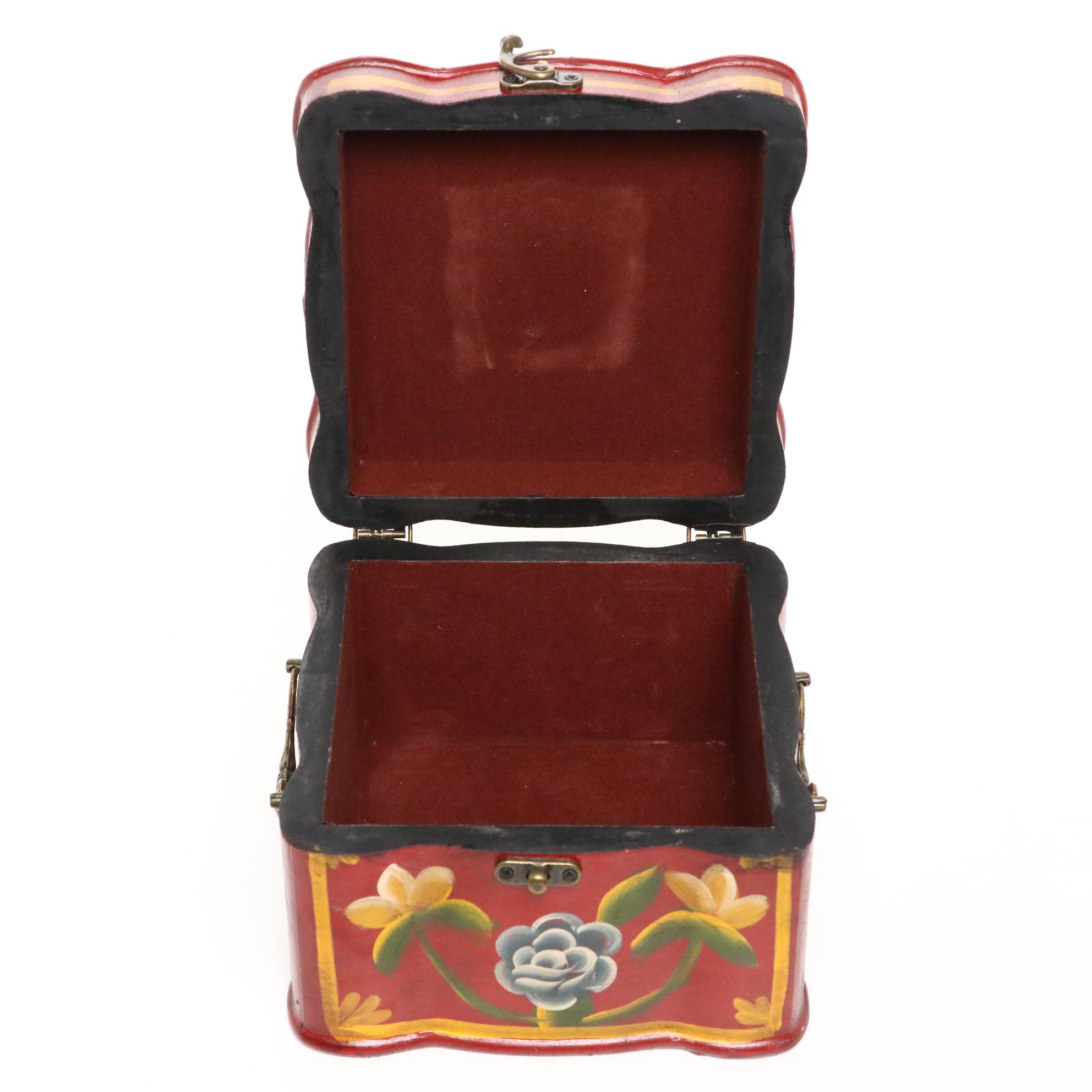 Hand-Painted Hinged Wooden Box with Wood and Ceramic Duck Decoy Figures