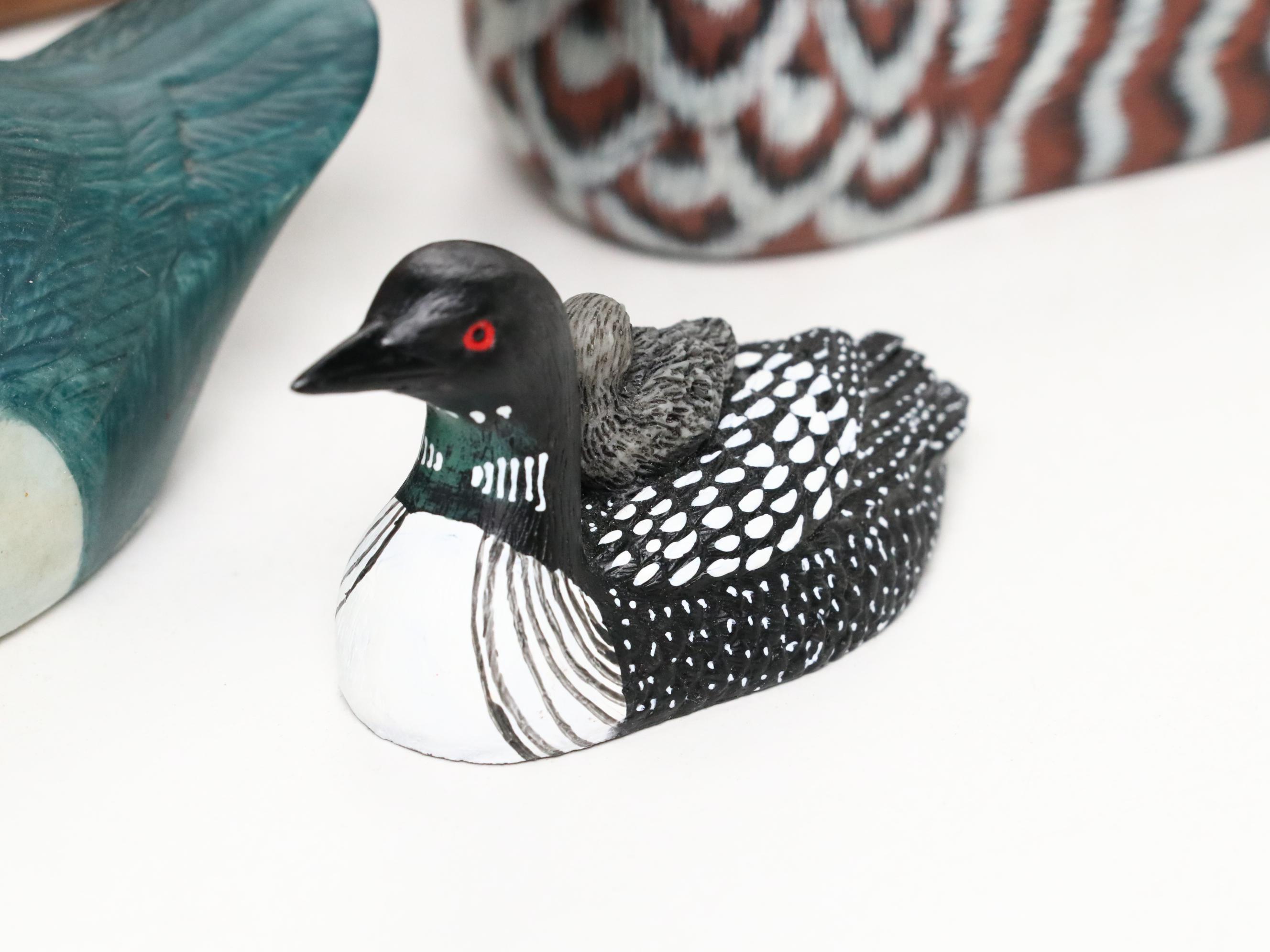 Hand-Painted Hinged Wooden Box with Wood and Ceramic Duck Decoy Figures