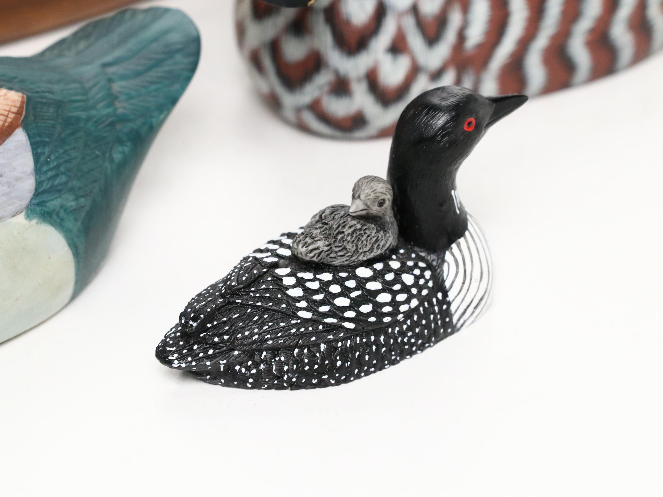 Hand-Painted Hinged Wooden Box with Wood and Ceramic Duck Decoy Figures