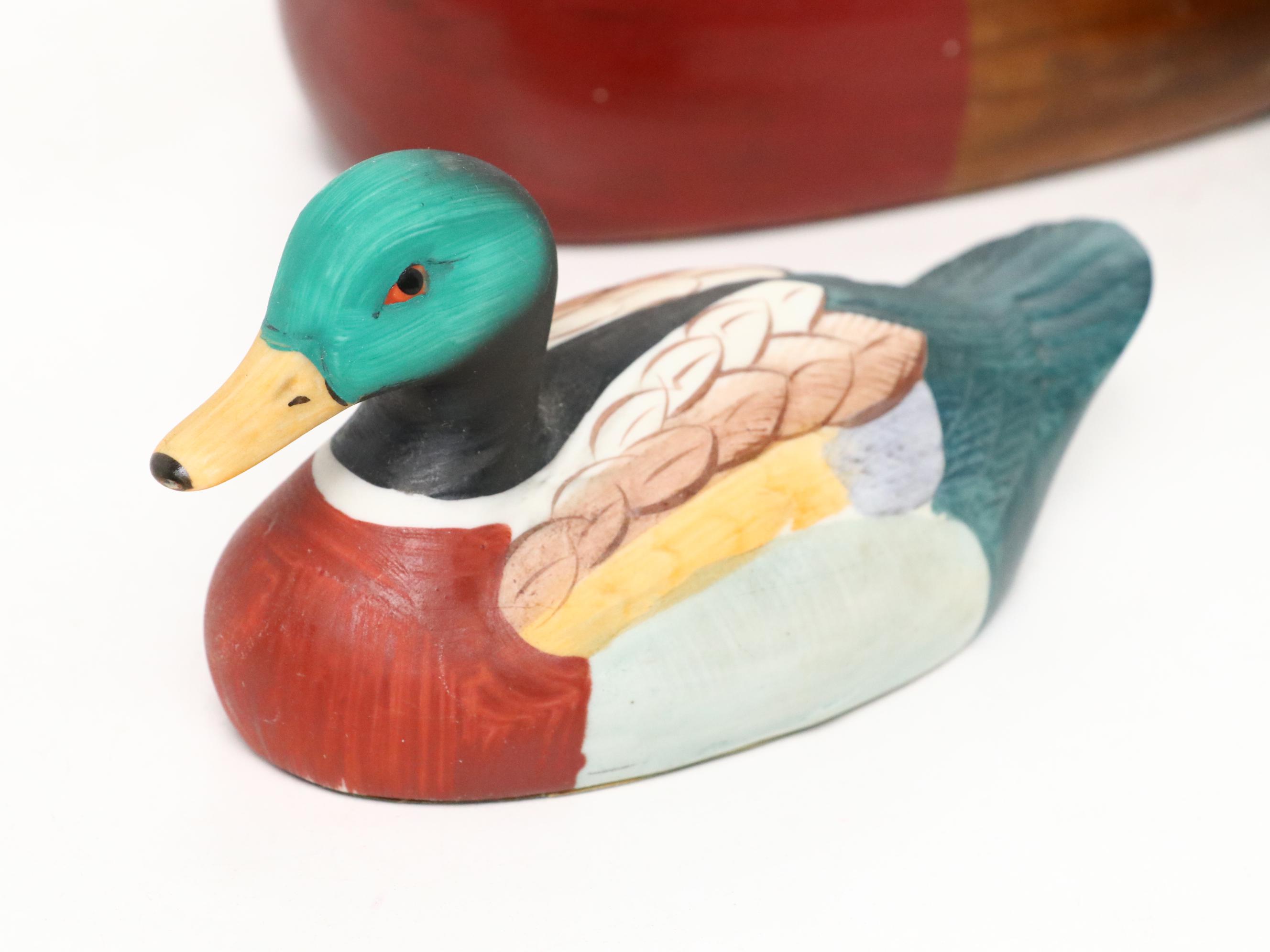 Hand-Painted Hinged Wooden Box with Wood and Ceramic Duck Decoy Figures
