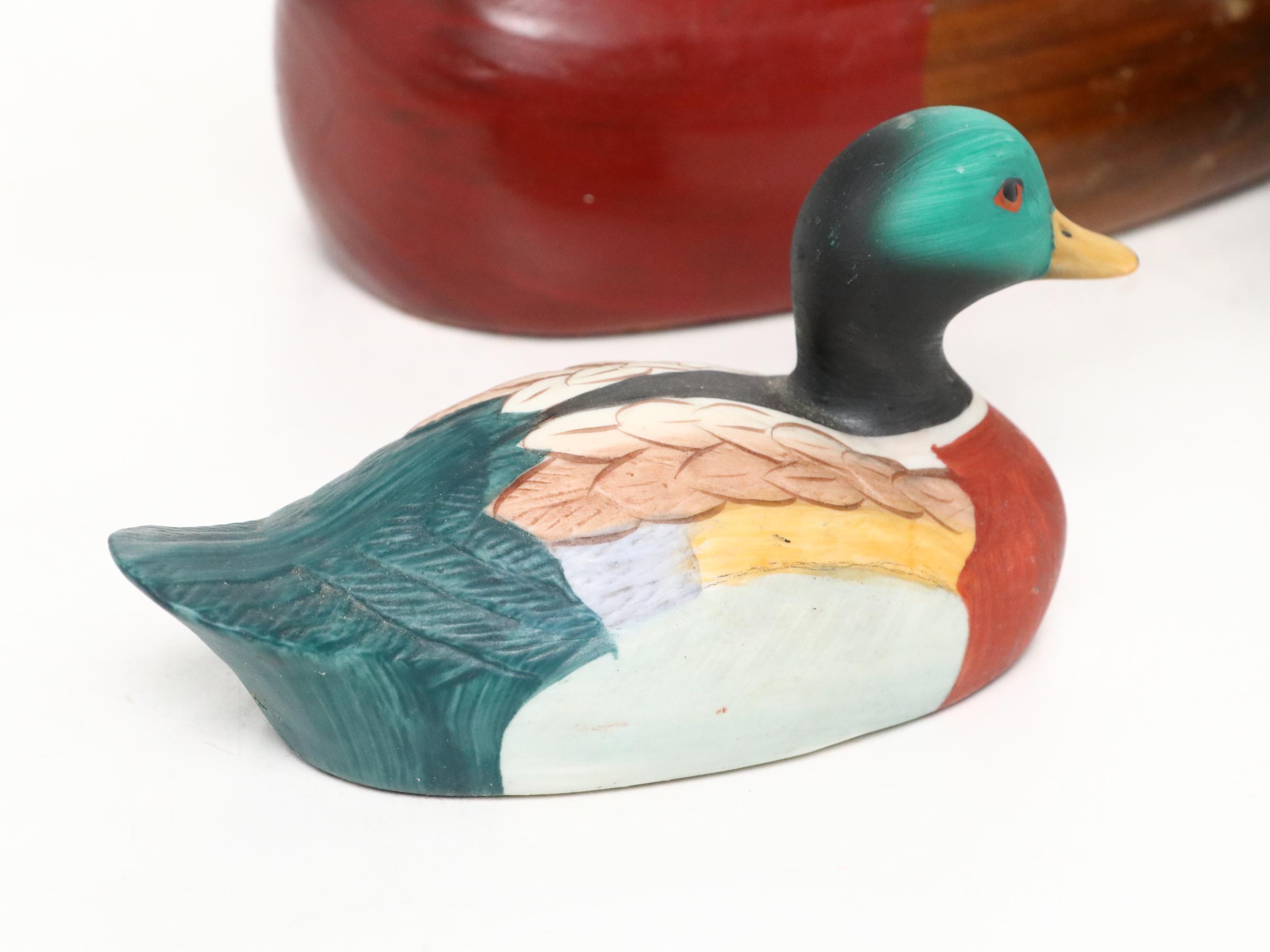 Hand-Painted Hinged Wooden Box with Wood and Ceramic Duck Decoy Figures