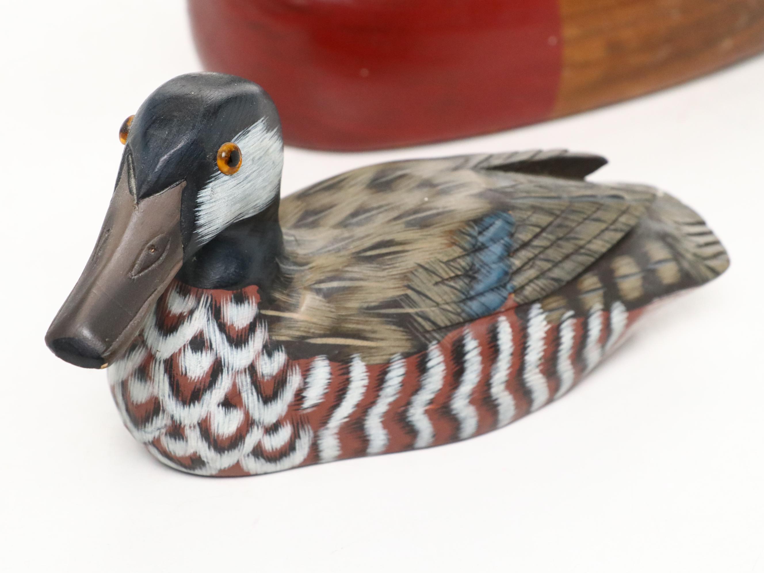 Hand-Painted Hinged Wooden Box with Wood and Ceramic Duck Decoy Figures