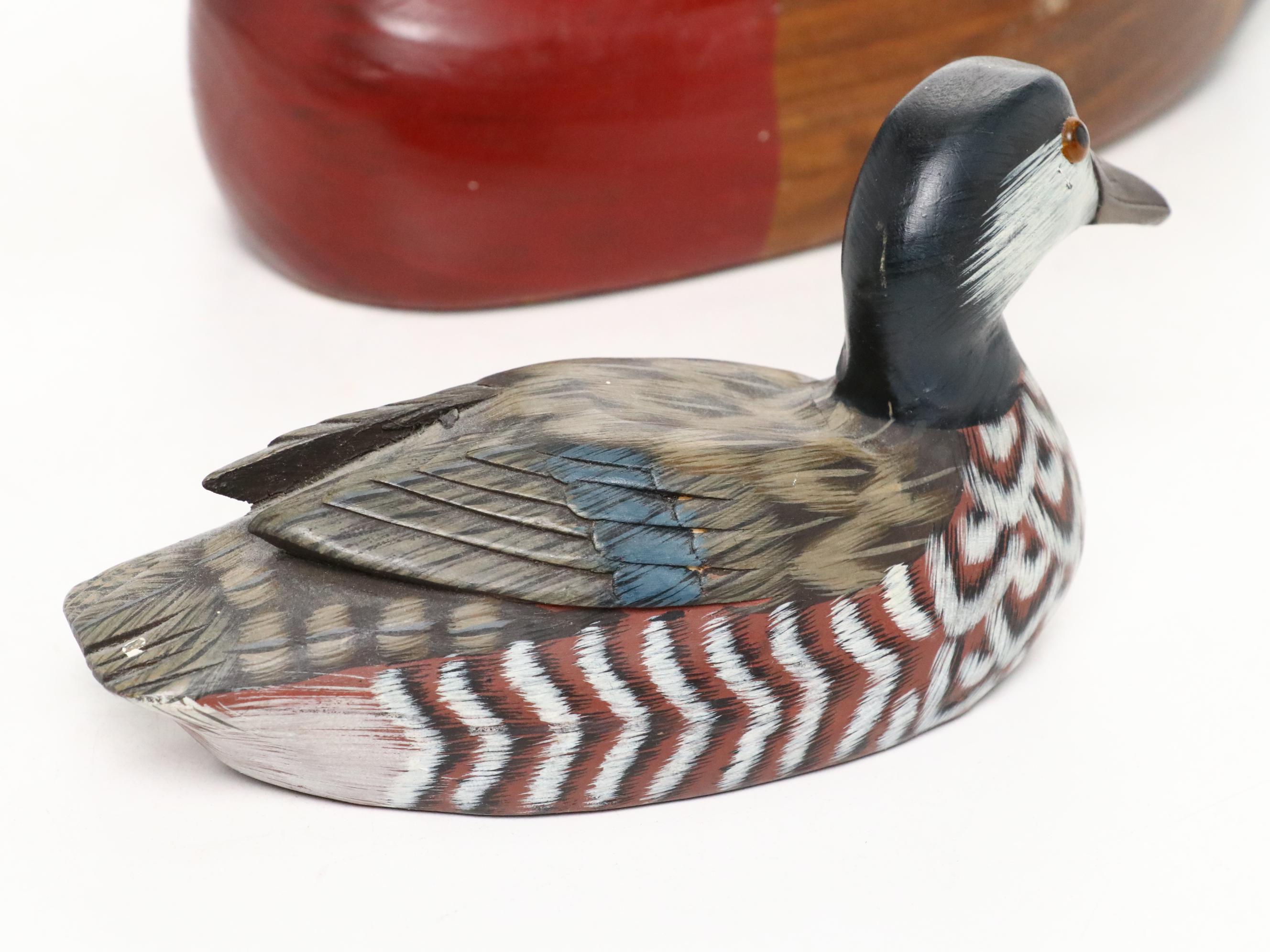 Hand-Painted Hinged Wooden Box with Wood and Ceramic Duck Decoy Figures