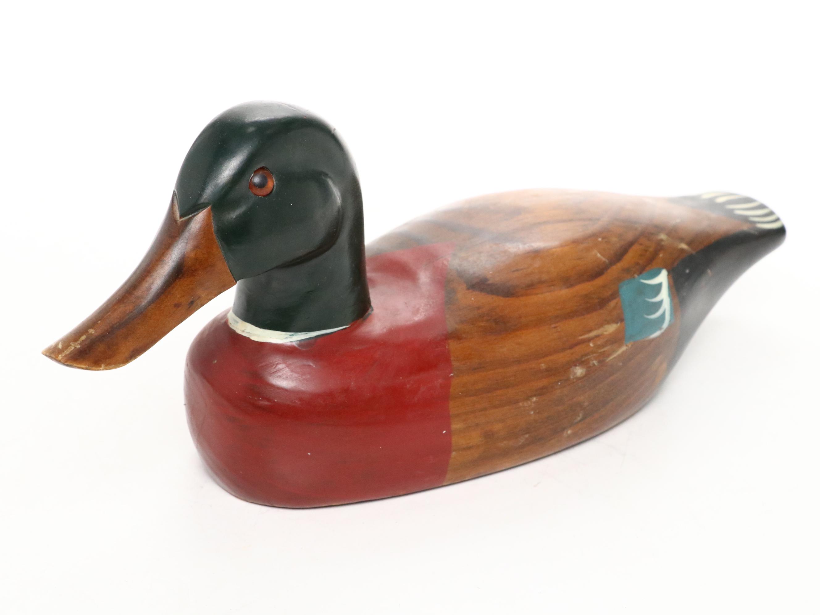 Hand-Painted Hinged Wooden Box with Wood and Ceramic Duck Decoy Figures