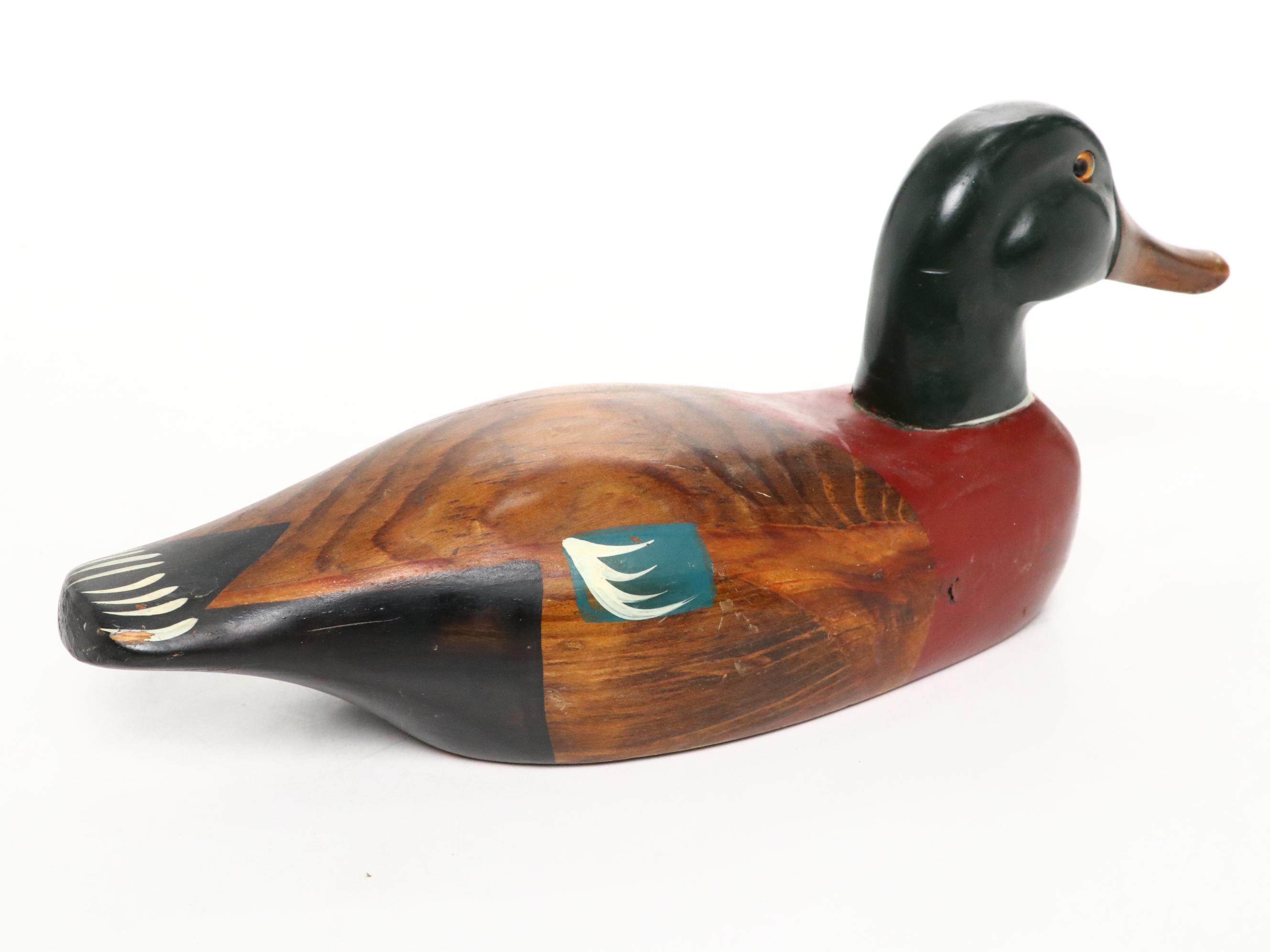 Hand-Painted Hinged Wooden Box with Wood and Ceramic Duck Decoy Figures