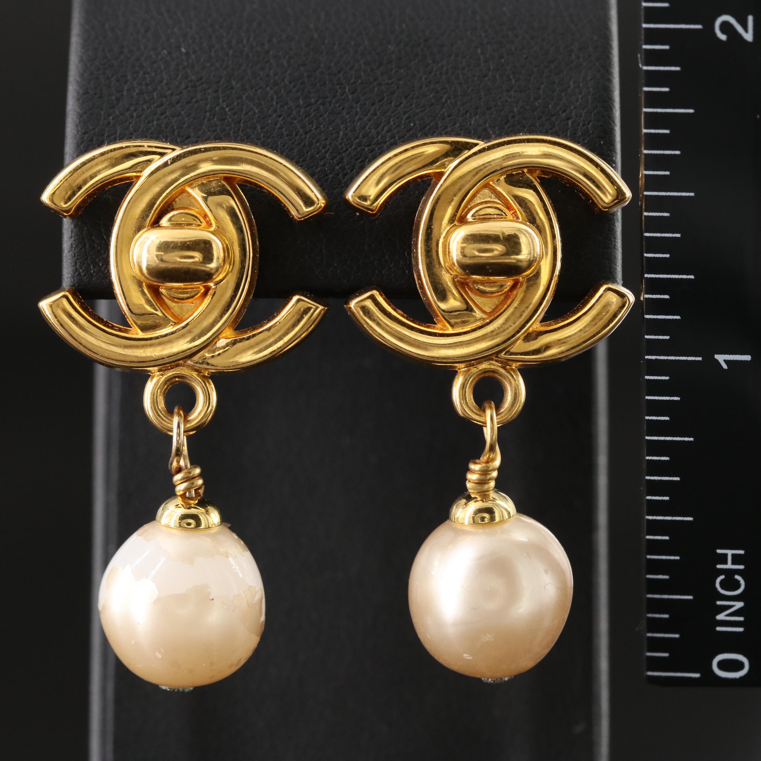 Chanel CC Turnlock Faux Pearl Drop Clip Earrings