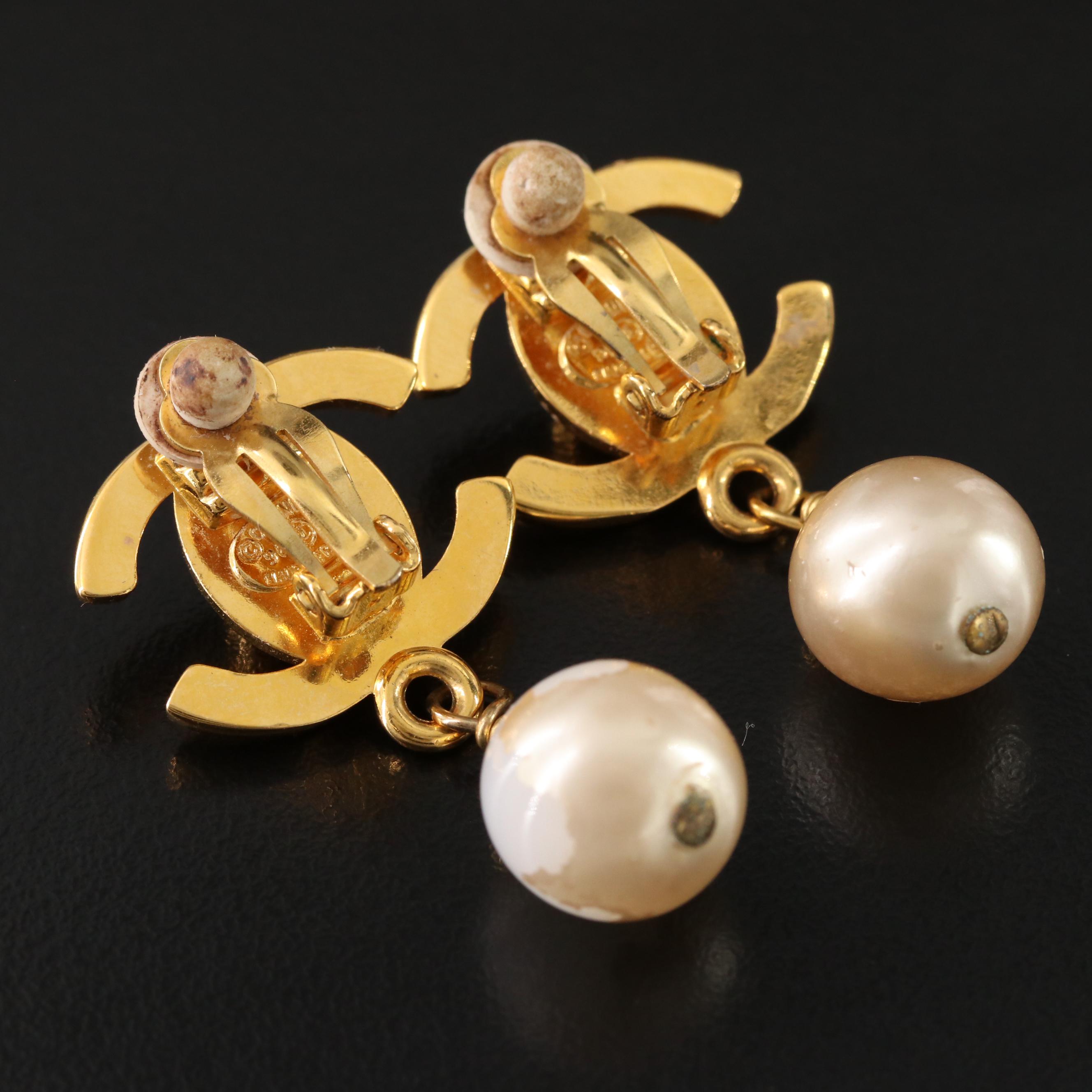 Chanel CC Turnlock Faux Pearl Drop Clip Earrings