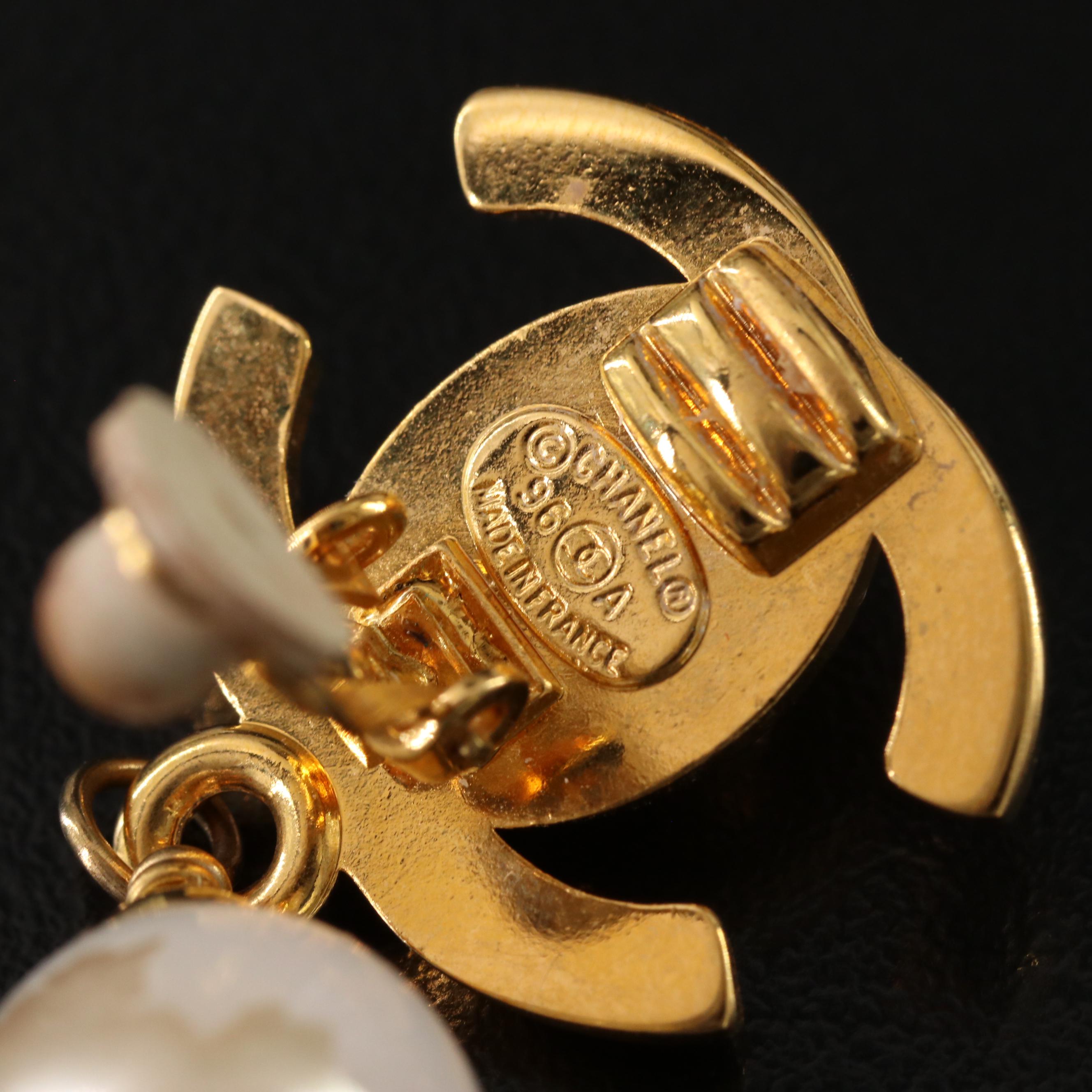 Chanel CC Turnlock Faux Pearl Drop Clip Earrings