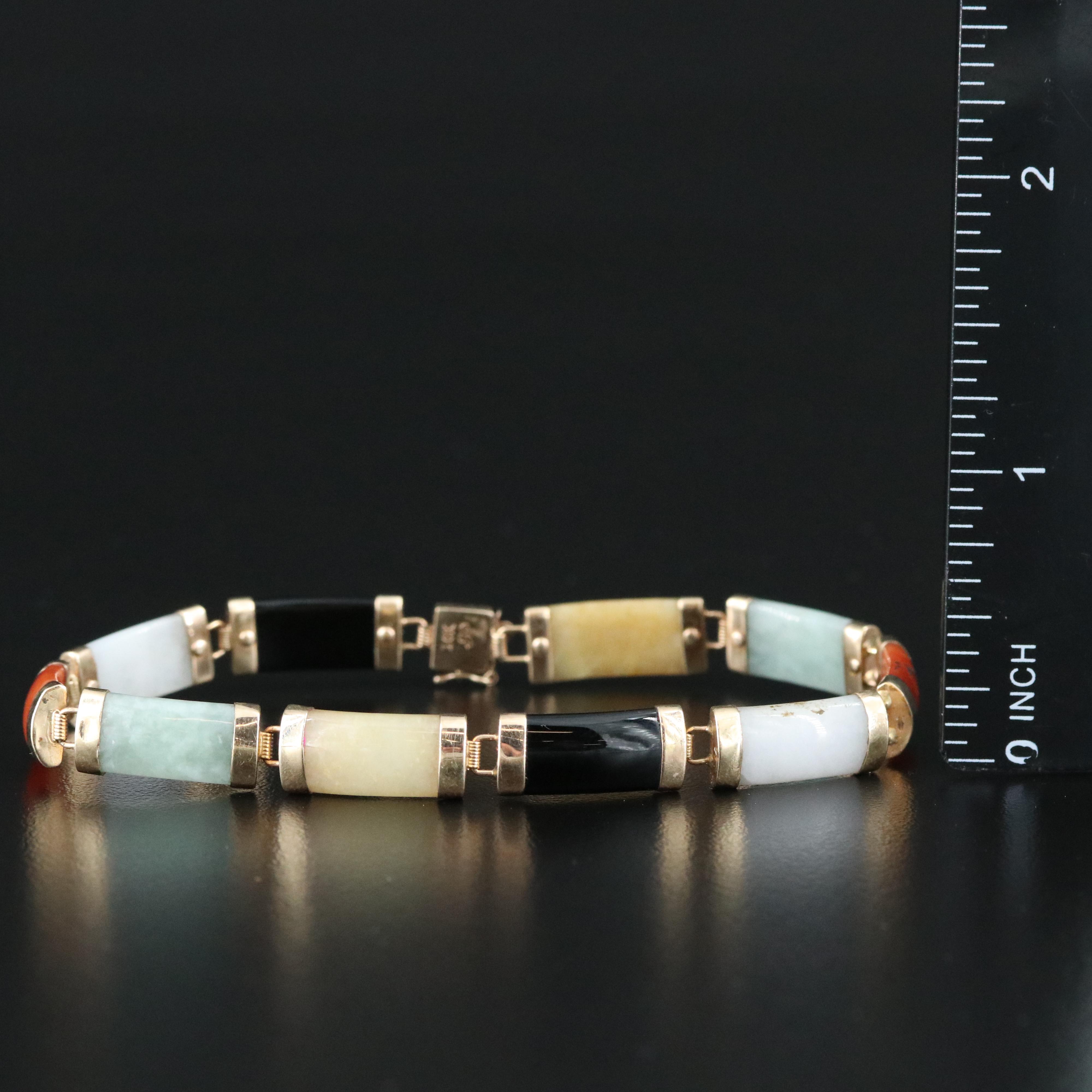 10K Jadeite and Black Onyx Bar Link Bracelet with "Good Fortune" Clasp