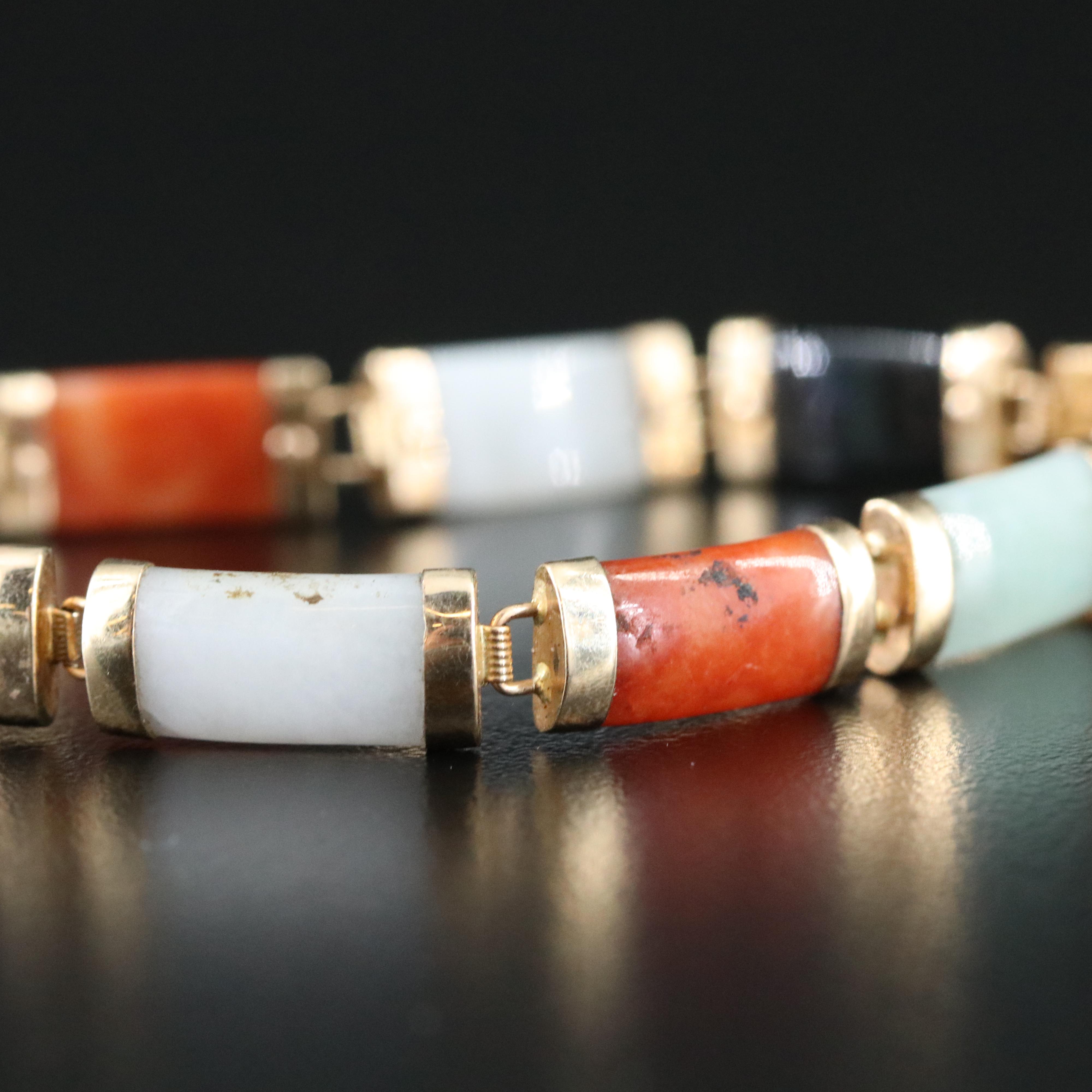 10K Jadeite and Black Onyx Bar Link Bracelet with "Good Fortune" Clasp
