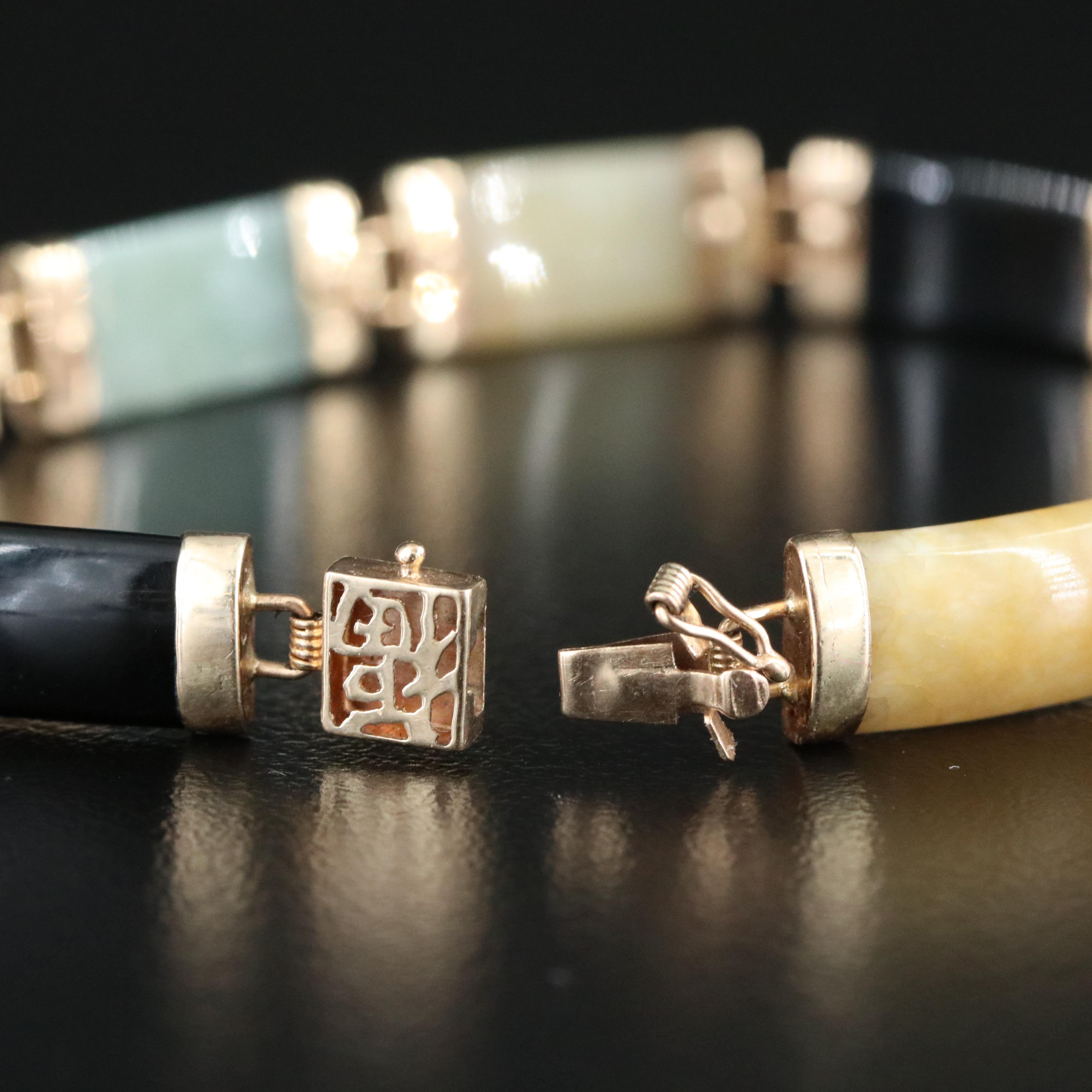 10K Jadeite and Black Onyx Bar Link Bracelet with "Good Fortune" Clasp