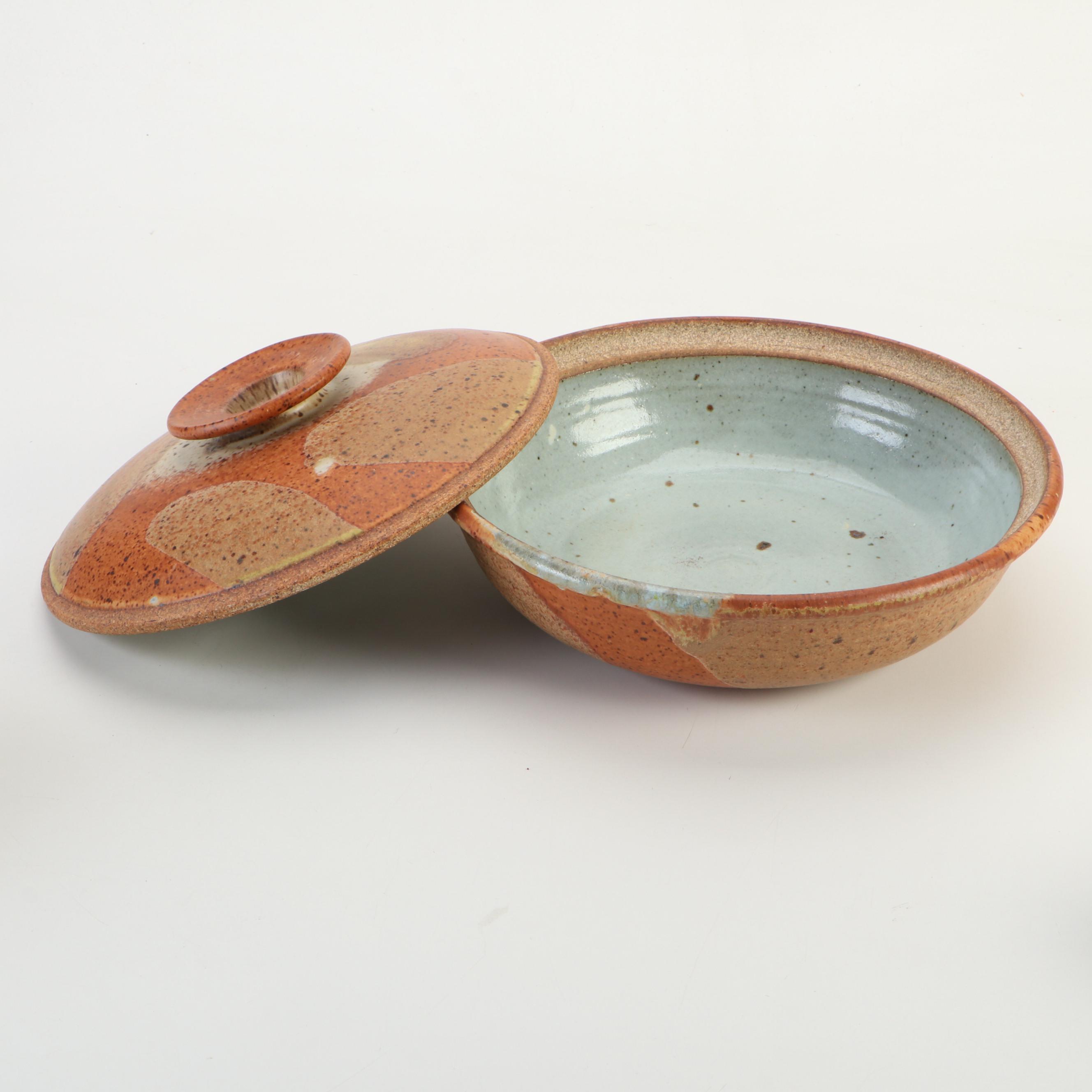 Artist Signed Studio Art Pottery Lidded Bowl and Handled Bowl with Compote