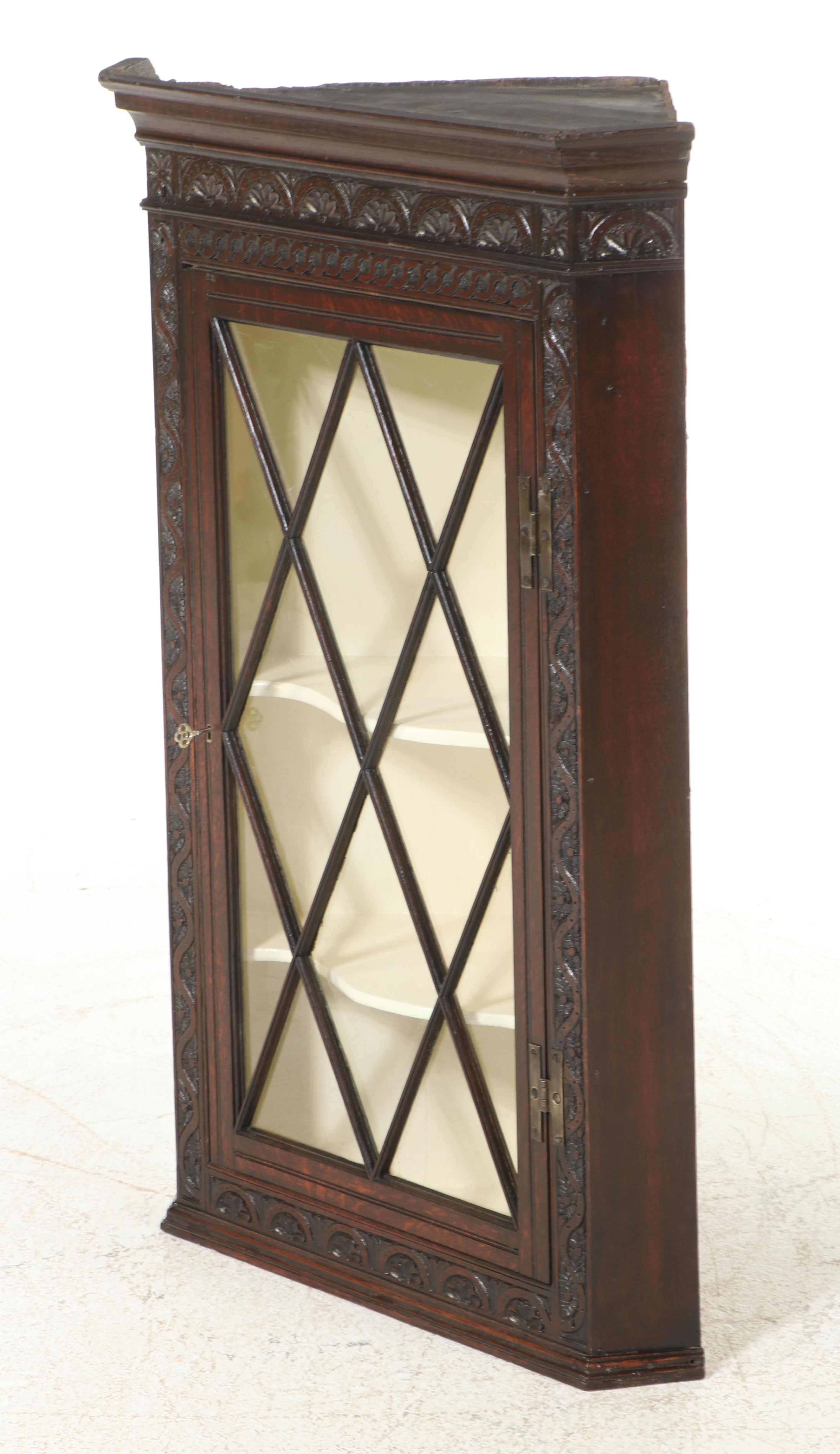 English Carved Wood Corner Wall Cabinet, 18th Century