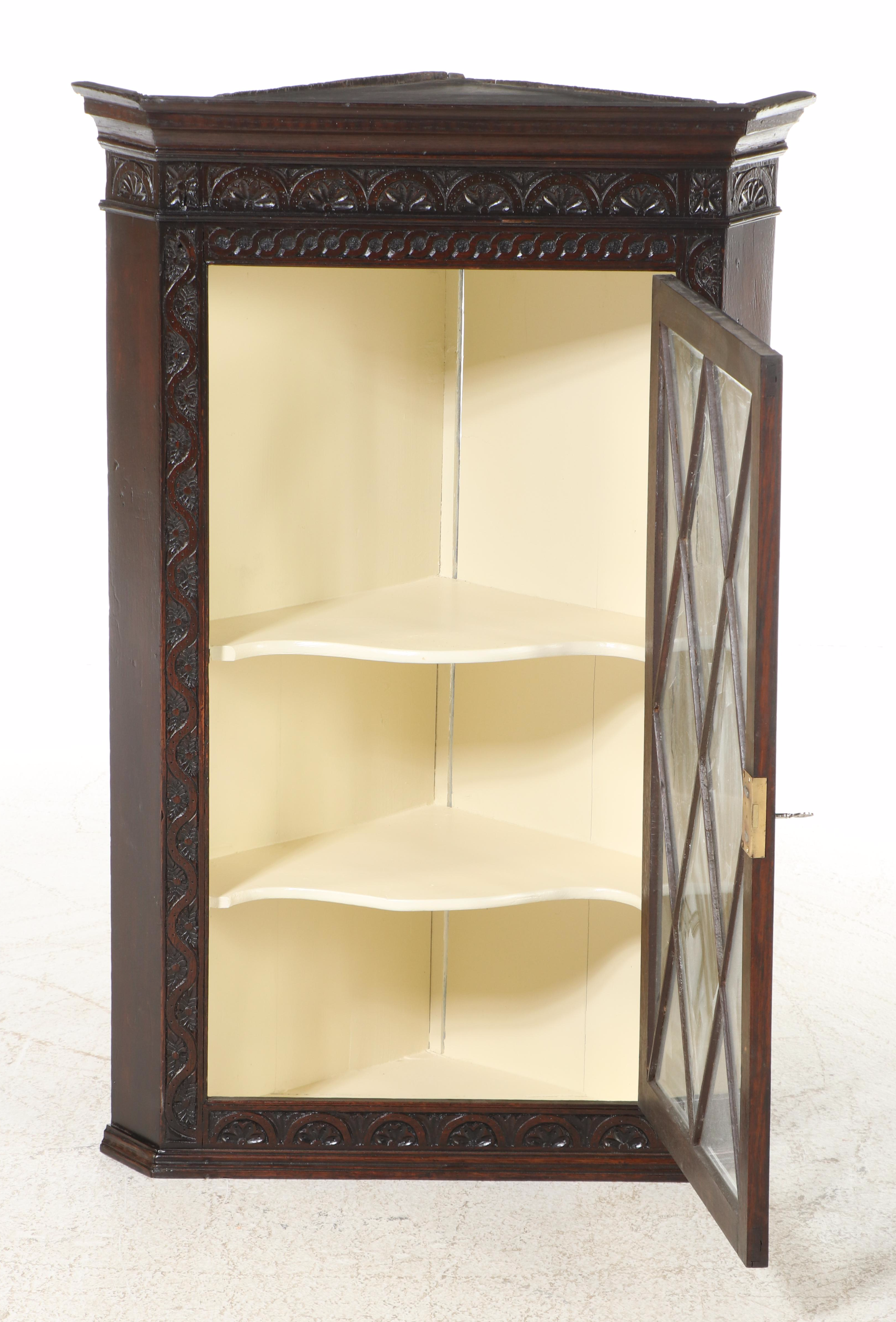 English Carved Wood Corner Wall Cabinet, 18th Century