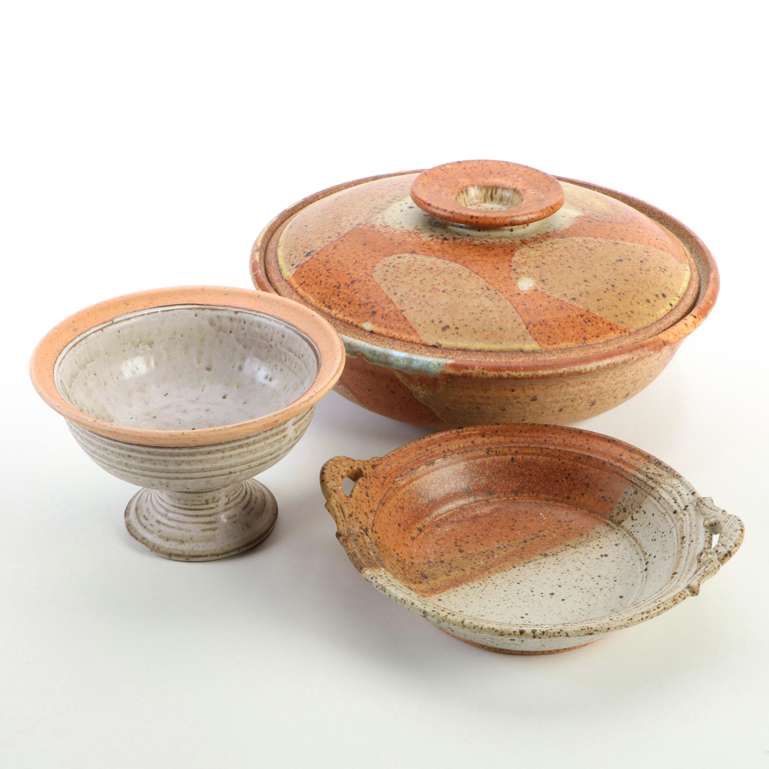 Artist Signed Studio Art Pottery Lidded Bowl and Handled Bowl with Compote