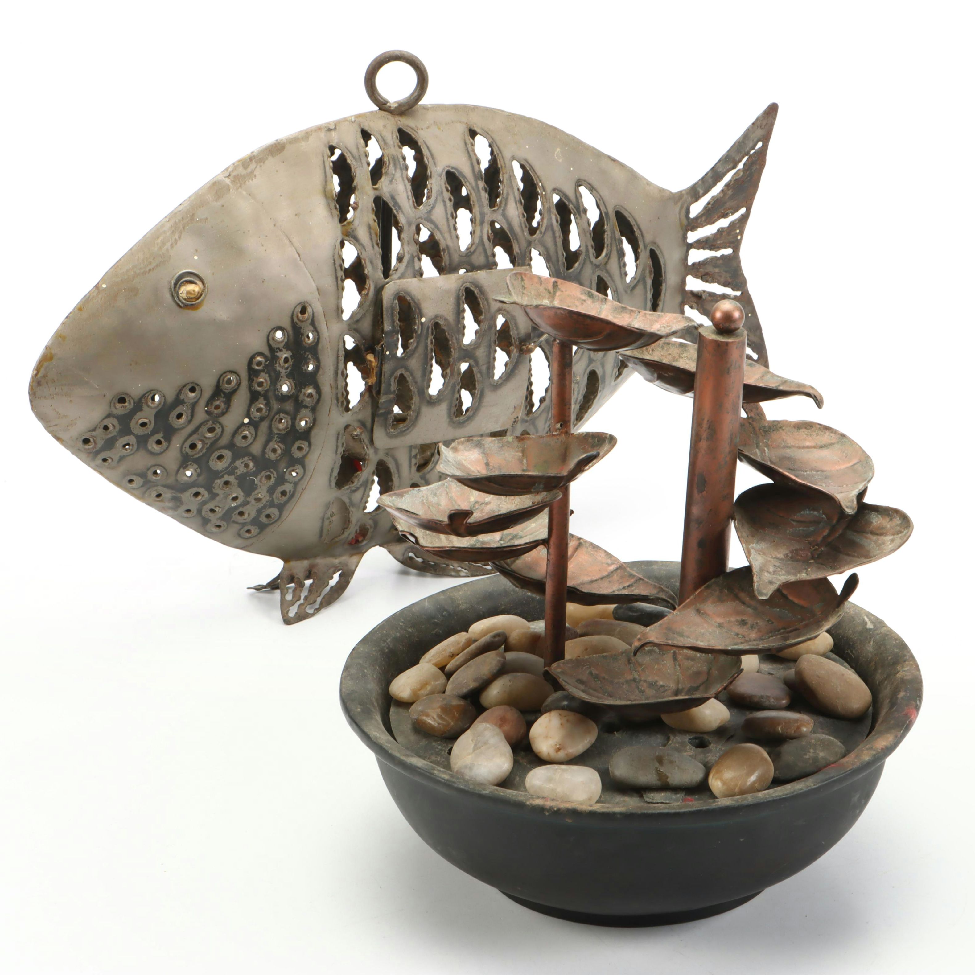 Copper Leaf Tabletop Fountain with Torch Cut Metal Fish Votive Lamp