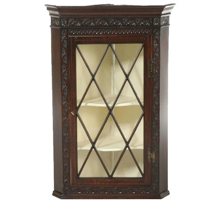 English Carved Wood Corner Wall Cabinet, 18th Century English Carved Wood Corner Wall Cabinet, 18th Century