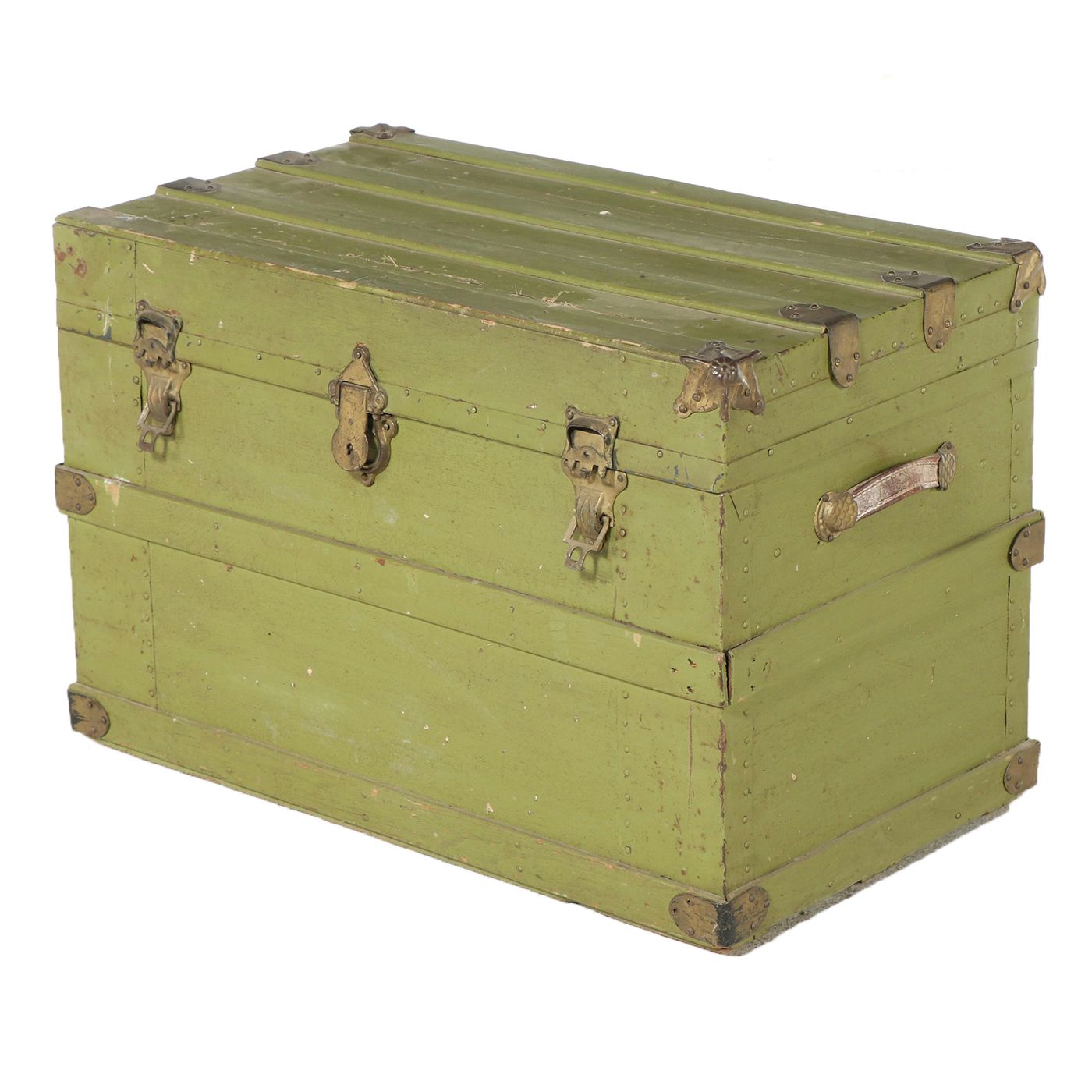 Late Victorian Green-Painted, Metal-Bound, & Canvas-Lined Flat Top Steamer Trunk