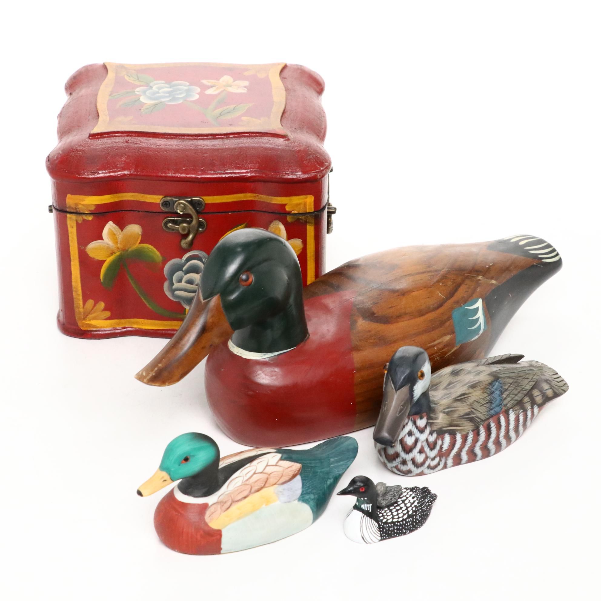 Hand-Painted Hinged Wooden Box with Wood and Ceramic Duck Decoy Figures