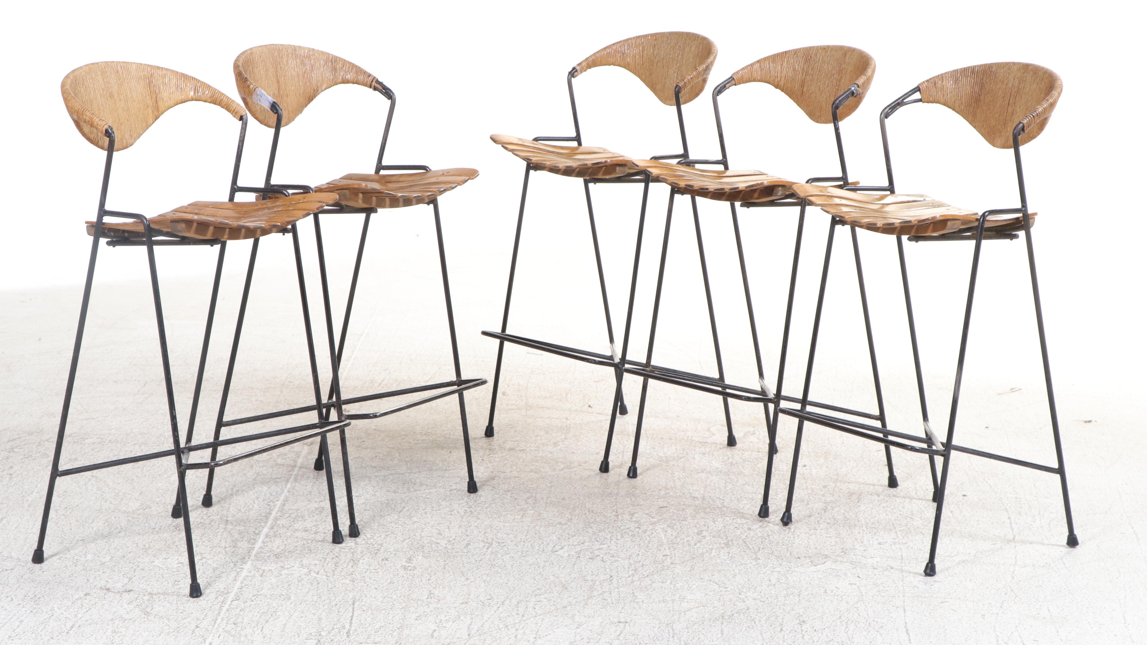 Five Slat-Seat Barstools, Manner of Arthur Umanoff, with Granite-Tiled Table