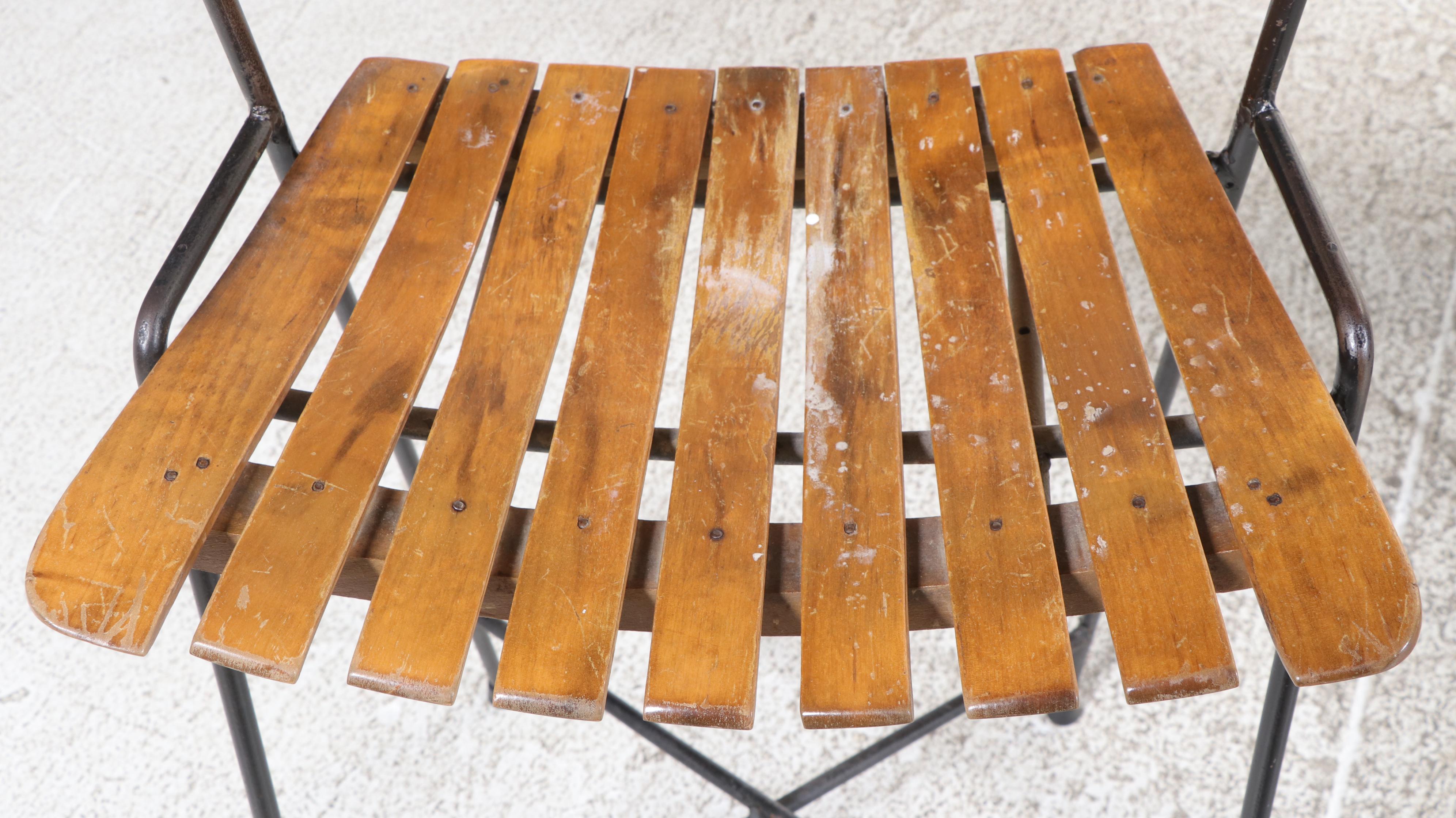 Five Slat-Seat Barstools, Manner of Arthur Umanoff, with Granite-Tiled Table